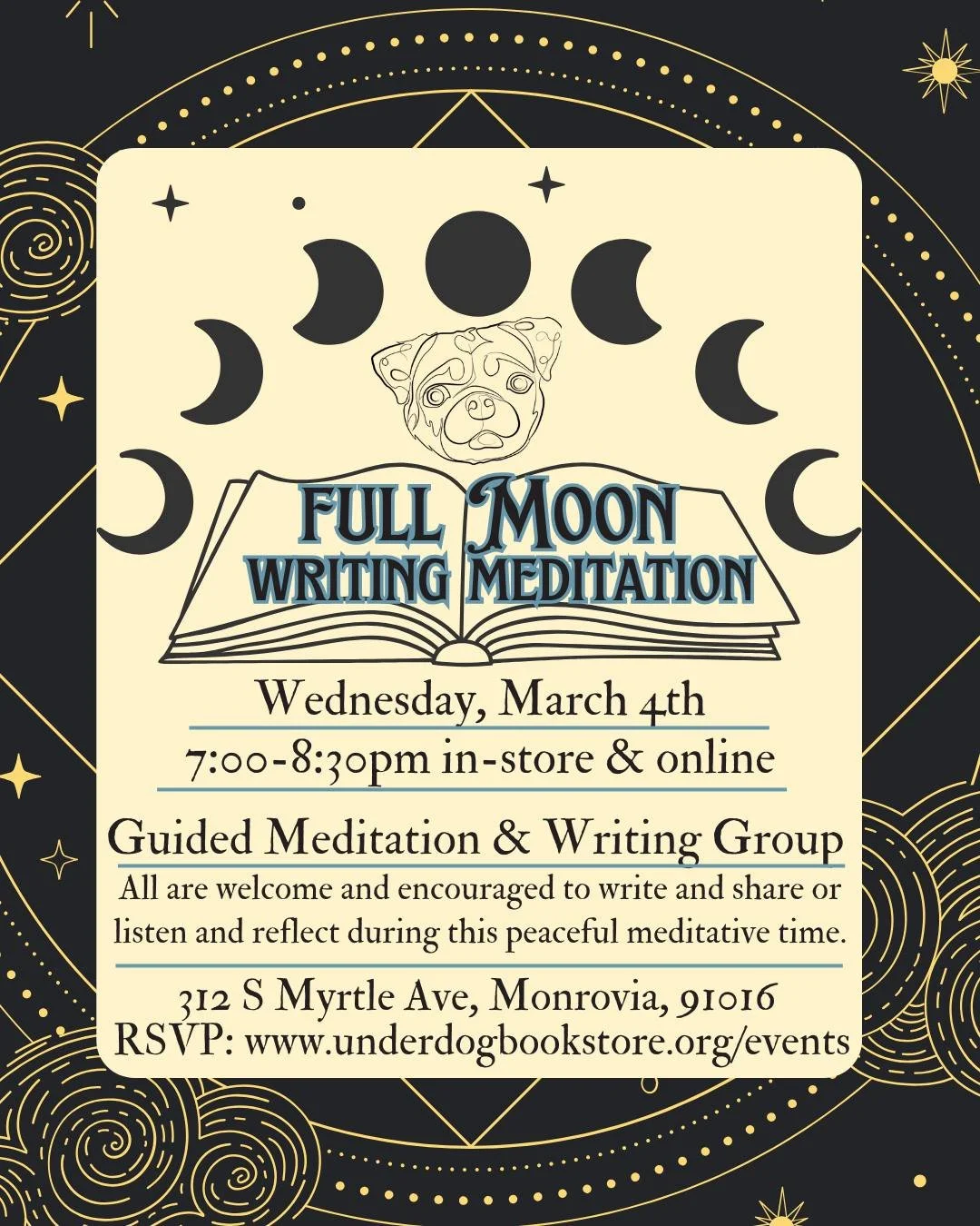 Join us at Underdog Bookstore around the full moon each month for a guided meditation and writing group, in-store and online. 

All are welcome and encouraged to write and share or listen and reflect during this peaceful meditative time.  You are wel
