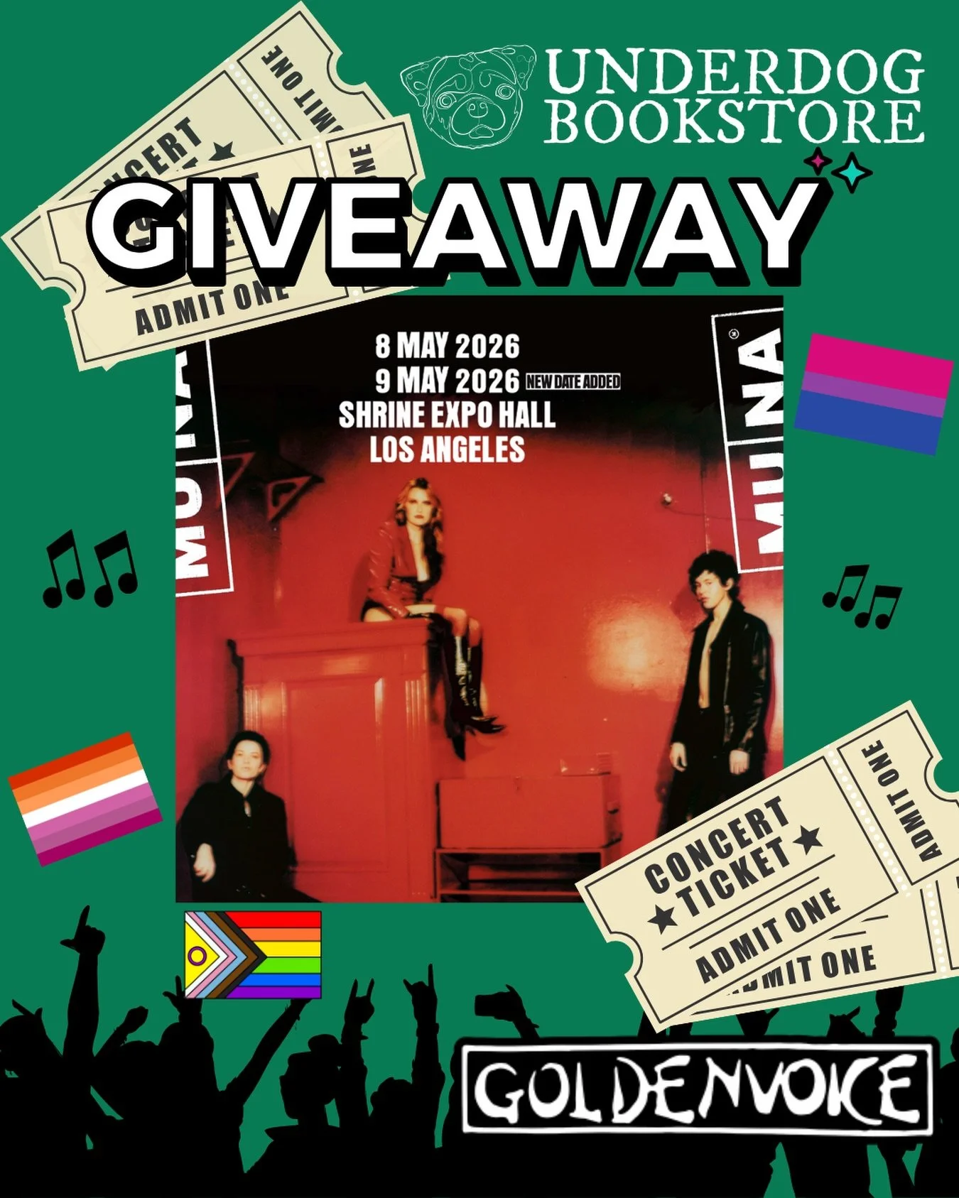 Calling all MUNA fans! Underdog Bookstore is doing a giveaway for two pairs of tickets for MUNA&rsquo;s album release show at the Shrine Expo Hall on May 8 &amp; 9 thanks to @goldenvoice.

To enter:&nbsp;
1. Follow @underdogbookstore and @goldenvoice