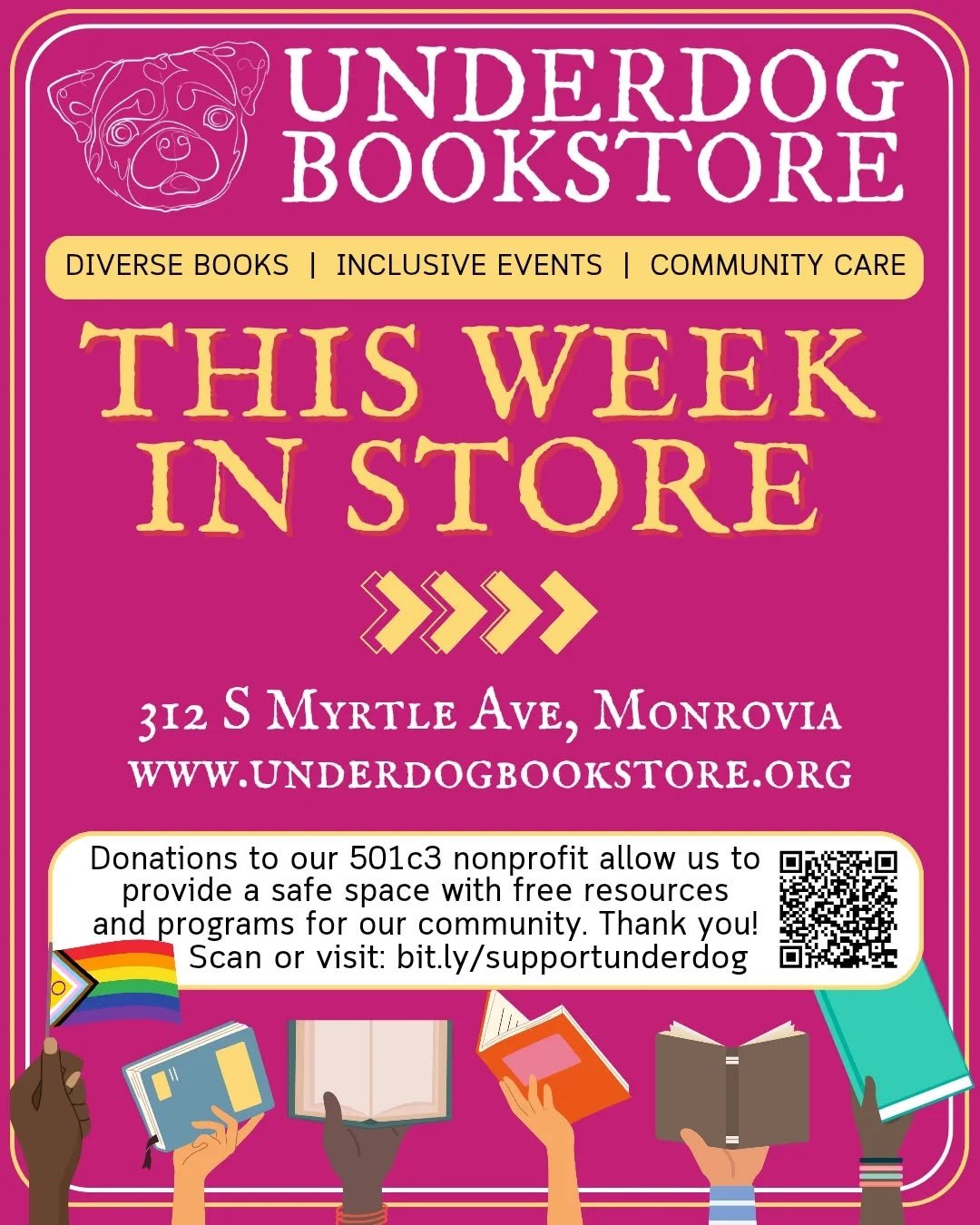 Tarot, pottery, mutual aid &amp; more this week in store 📚🏳️&zwj;🌈🐶

💛 Tuesday: 10AM-8PM&nbsp;
6PM: Embracing the Tarot with @thebuffalooracle&nbsp;

🧡 Wednesday: 10AM-7PM
7PM: Full Moon Writing Meditation&nbsp;

❤️ Thursday: 10AM-5:30PM

💚 Fr