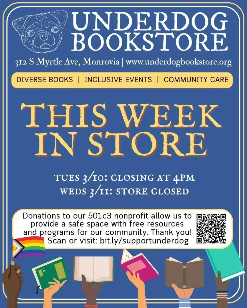 A quieter week in store, the perfect time to restock your TBR or read, write, study &amp; craft at our community tables 📚🏳️&zwj;🌈🐶

💛 Tuesday: 10AM-4PM&nbsp;
Closing early for school event&nbsp;

🧡 Wednesday: CLOSED

❤️ Thursday: 10AM-8PM
6PM: 