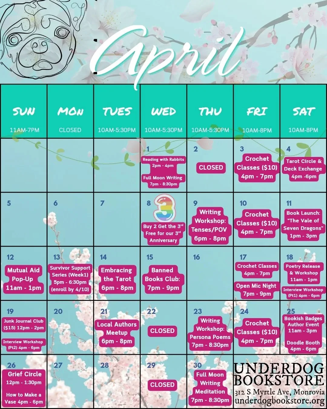 Celebrate 3 years of Underdog with us this April! 📚🏳️&zwj;🌈🐶

�Wednesday, 4/8: Buy 2 Books Get the 3rd Free!

�Thursday, 4/9:  Writing Workshop: Tenses &amp; Point of View @bloodinkbonewriting 6-8PM

Saturday, 4/11: Book Launch: "The Vale of
