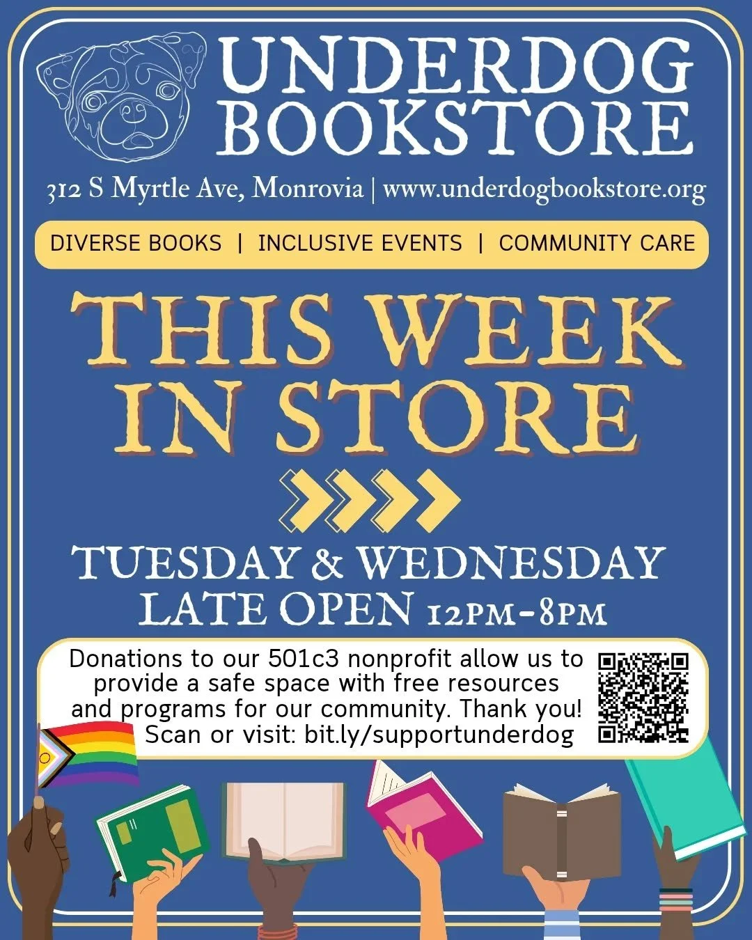 Banned Books, Open Mic, workshops and more this week in store 📚🏳️&zwj;🌈🐶

💛 Tuesday: 12PM-8PM
6PM: Embracing the Tarot @thebuffalooracle

🧡 Wednesday: 12PM-8PM
7PM: Banned Books Club&nbsp;

❤️ Thursday: 10AM-5:30PM&nbsp;

💚 Friday: 10AM-9PM 
4