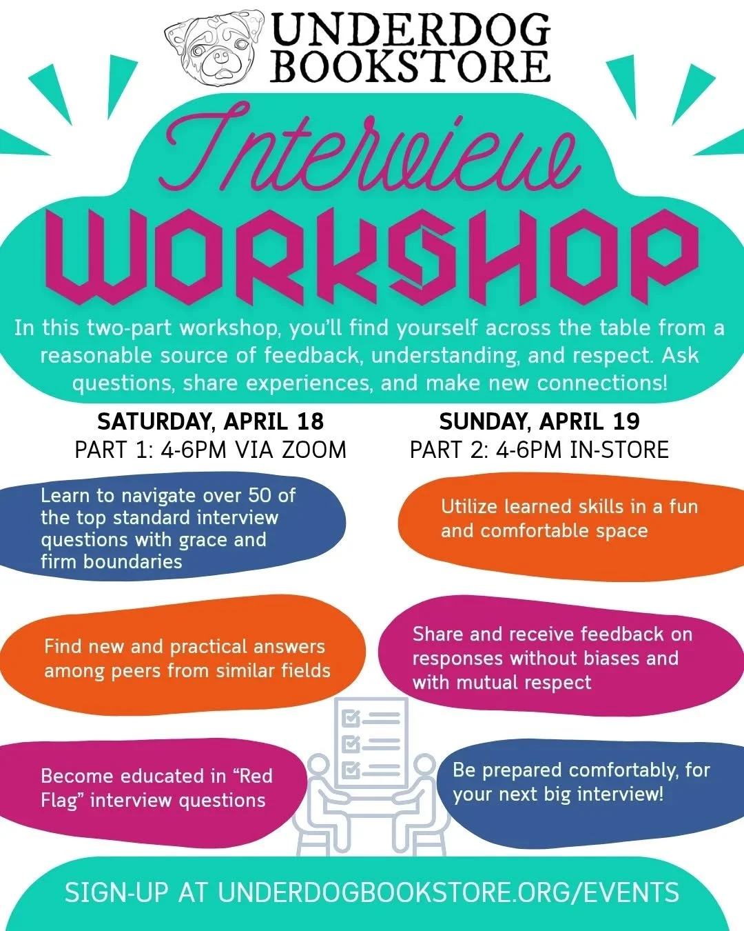 Sign-up now for a two-part Interview Workshop this weekend! 

You'll find yourself across the table from a reliable source of feedback, understanding and respect. Ask questions, share experiences, and make new connections 💖

🗓 Saturday, April 18 fr