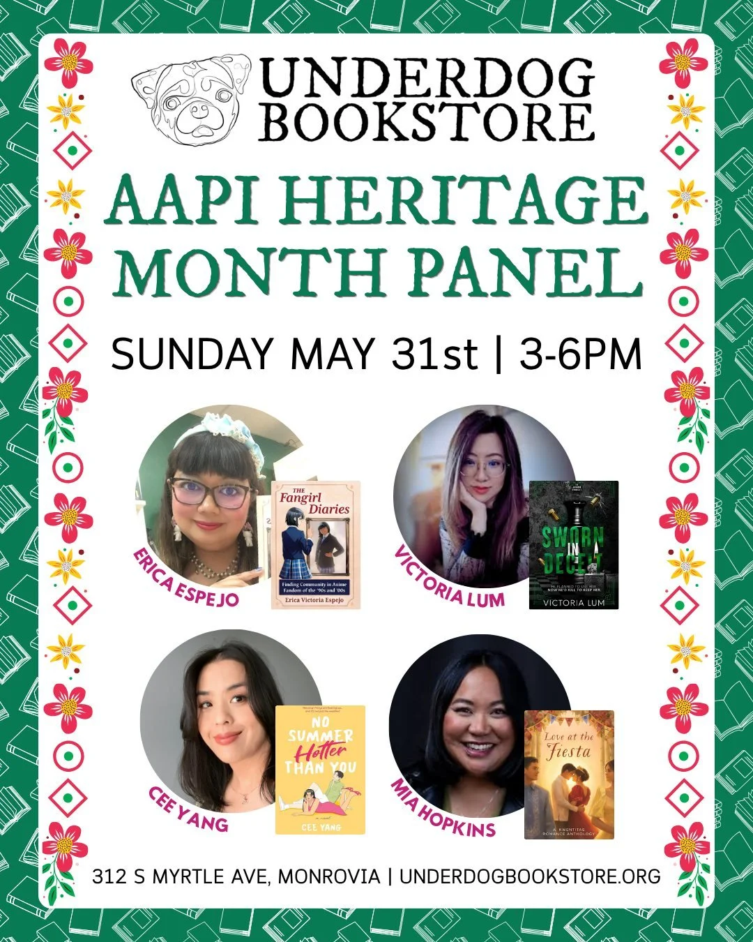 Join us in welcoming four local authors for AAPI Heritage Month! 

Erica Espejo, Victoria Lum, Cee Yang, and Mia Hopkins will be meeting readers and signing books at Underdog Bookstore on Sunday, May 31st from 3-6PM. 

Underdog Board Member, Nicole A