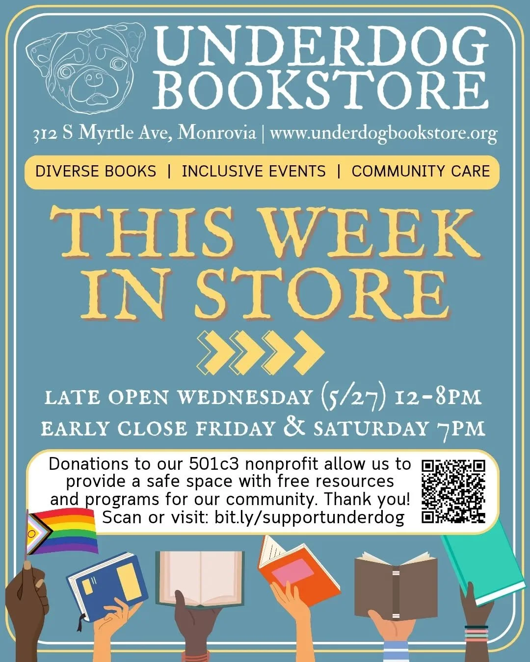 Last week of May, let's go! 📚🏳️&zwj;🌈🐶

💛 Tuesday: 10AM-8PM
6PM: Embracing the Tarot @thebuffalooracle

🧡 Wednesday: 2PM-8PM

❤️ Thursday: 10AM-5:30PM

💚 Friday: 10AM-7PM
4PM: @stitch_crafts.with.jen Crochet Classes ($10)

7:30PM: Miss Godwin 