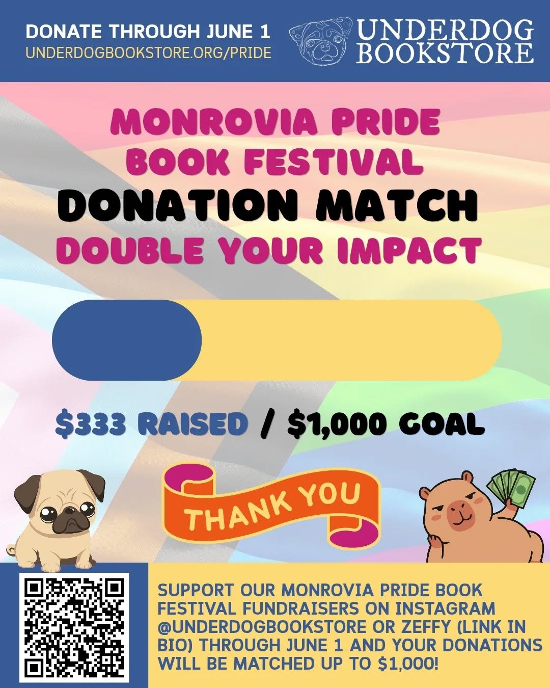 Thank you for supporting the Monrovia Pride Book Festival! 🌈✨️ 

Donations through June 1st are being matched up to $1000. We are currently at $333 so every donation counts 💸 

This event is hosted by the Underdog Bookstore 501c3 nonprofit to bring