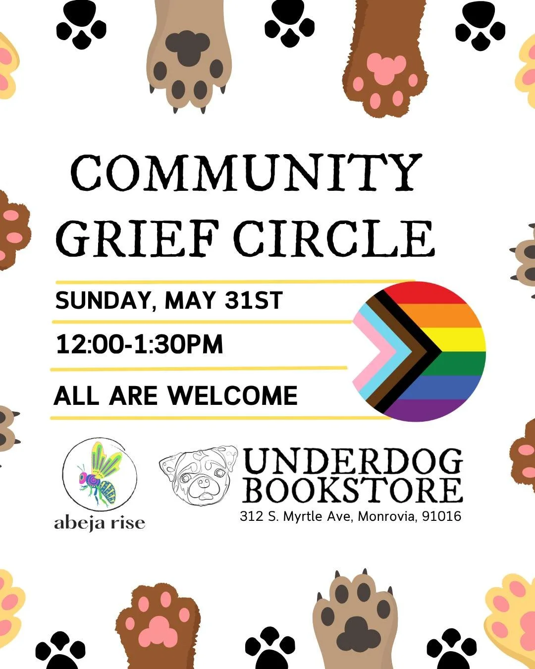 Join Jen Venegas, death doula and grief worker, for a Community Grief Circle on the last Sunday of each month.

This is a free, all ages event. This is a place where you can be held in community and hold others through our collective grief and indivi