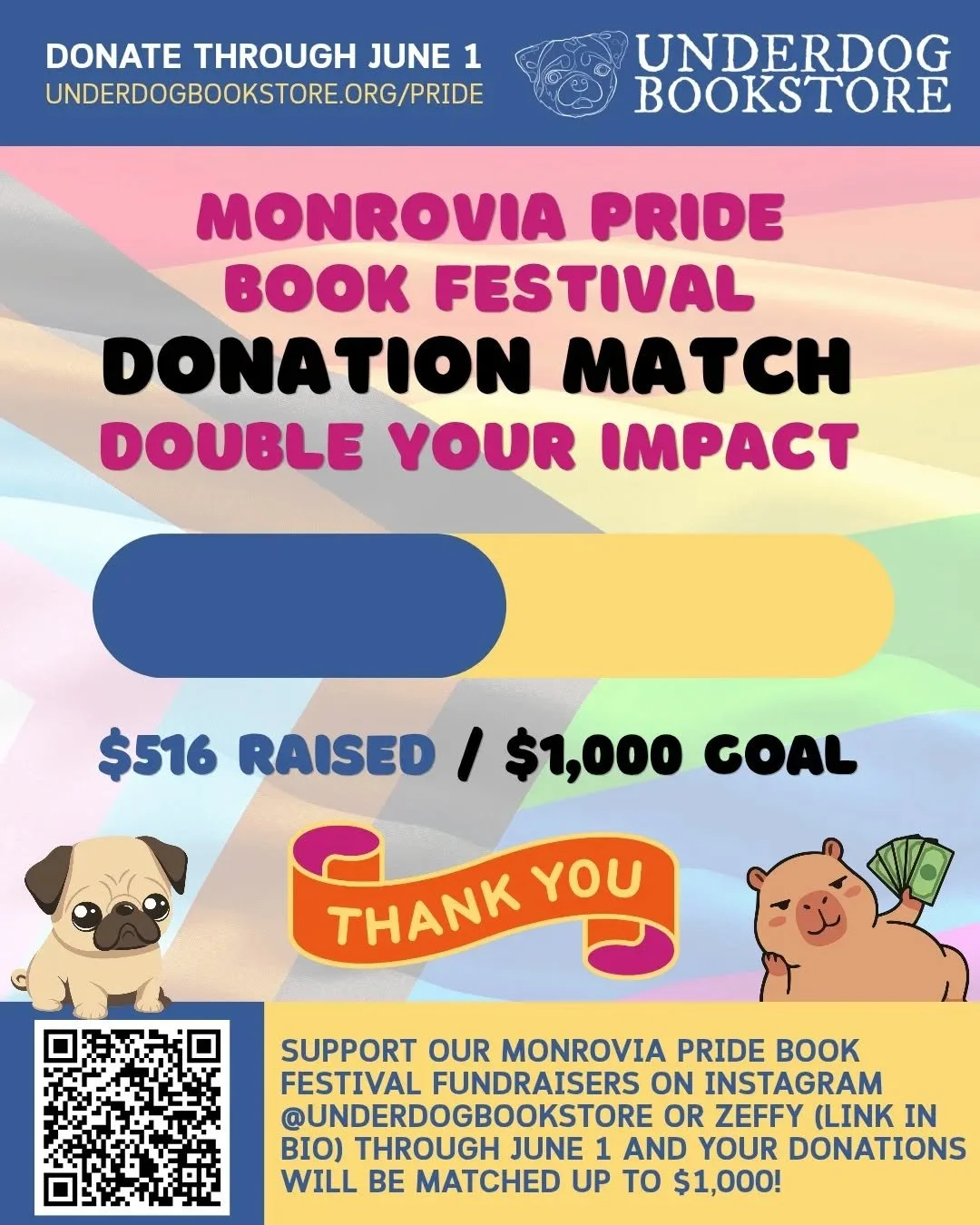 Halfway to our donation match goal for the Monrovia Pride Book Festival! 🌈✨️ 

Donations through June 1st are being matched up to $1000. Vendor Applications and Sponsorship Opportunities are available now, with Volunteer sign-ups coming soon! 

🗓 S