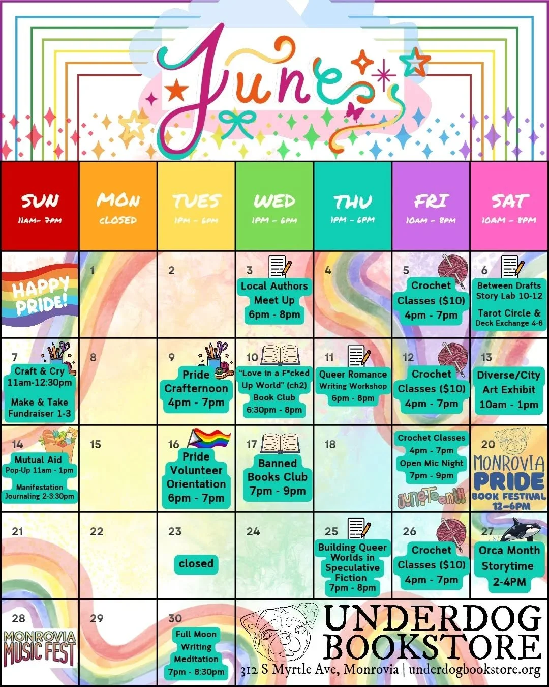 Happy Pride Month, Underdogs! 🏳️&zwj;🌈🏳️&zwj;⚧️

While we're definitely busy planning the Monrovia Pride Book Festival, we've still got a packed schedule of events here in store this June!

Wednesday 6/3: Local Authors Meetup 6-8PM

Friday 6/5: @s