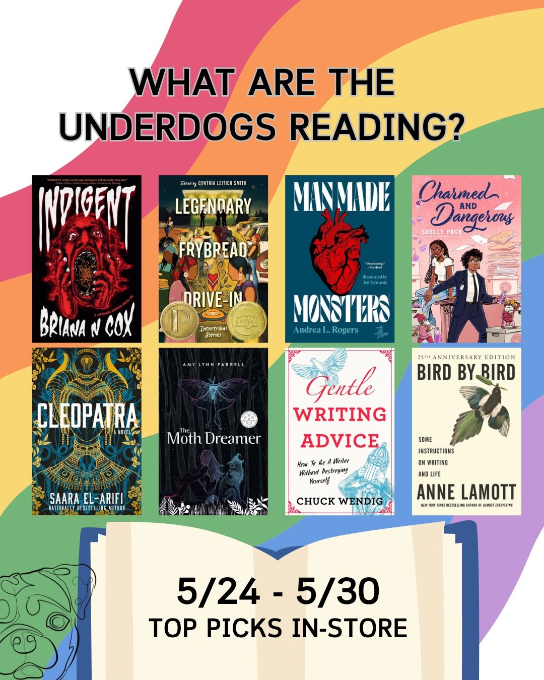 What are the Underdogs reading? Here&rsquo;s your top picks this week from in-store and online at @librofm and @bookshop_org 📚🏳️&zwj;🌈🐶

SLIDE 1: books bought in-store 

INDIGENT: A Literary Horror Novel by Briana N Cox @pedroparo2

LEGENDARY FRY
