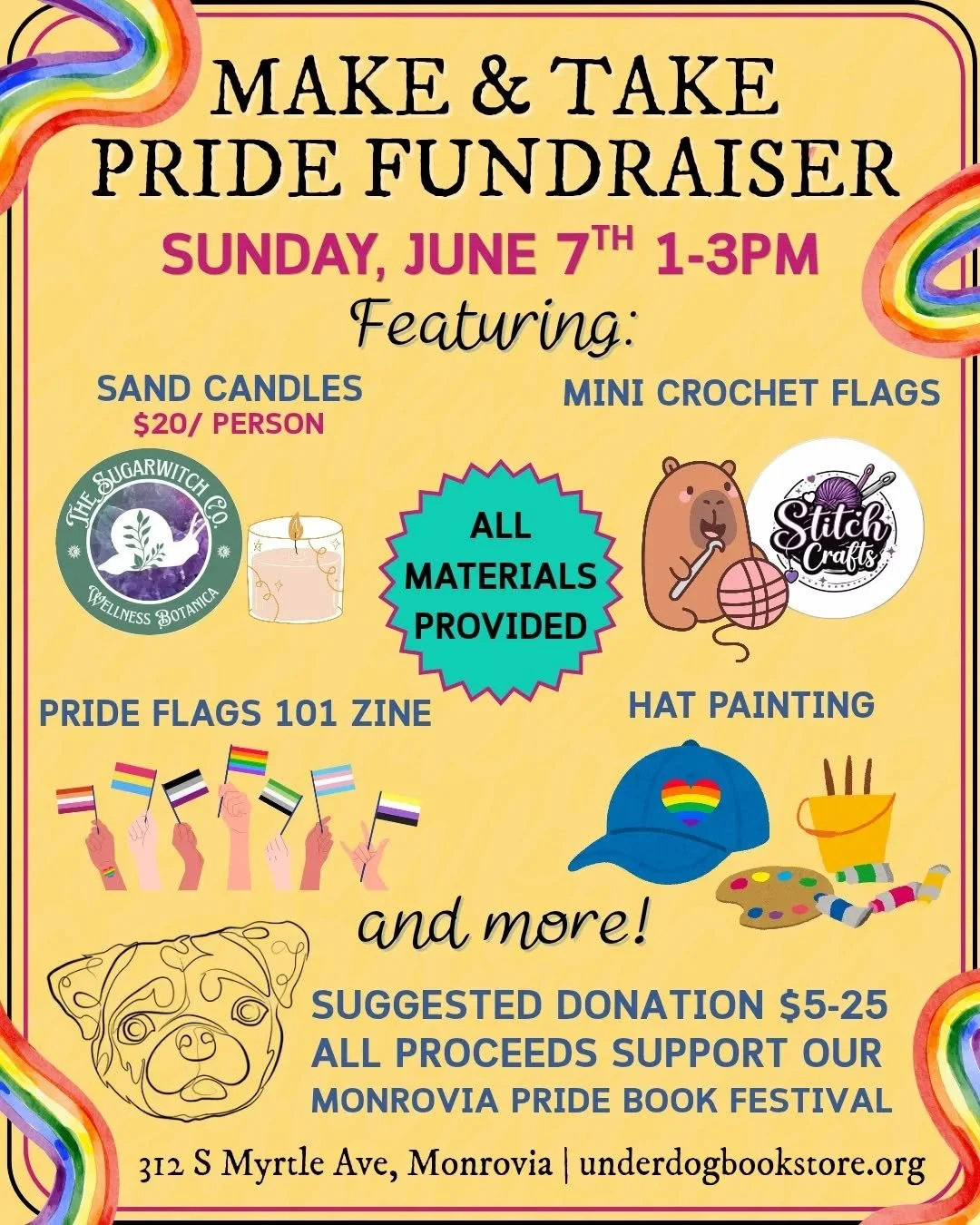 🌈 Support the Monrovia Pride Book Festival fundraiser, learn some Pride history, and take home some new craft projects!

✨️ By-Donation Activities 
🩵 Pride Flags 101 Zine
🩷 Mini Crochet Flags 
🤍 Hat Painting
and more!

✨️ Make &amp; Take Sand Can