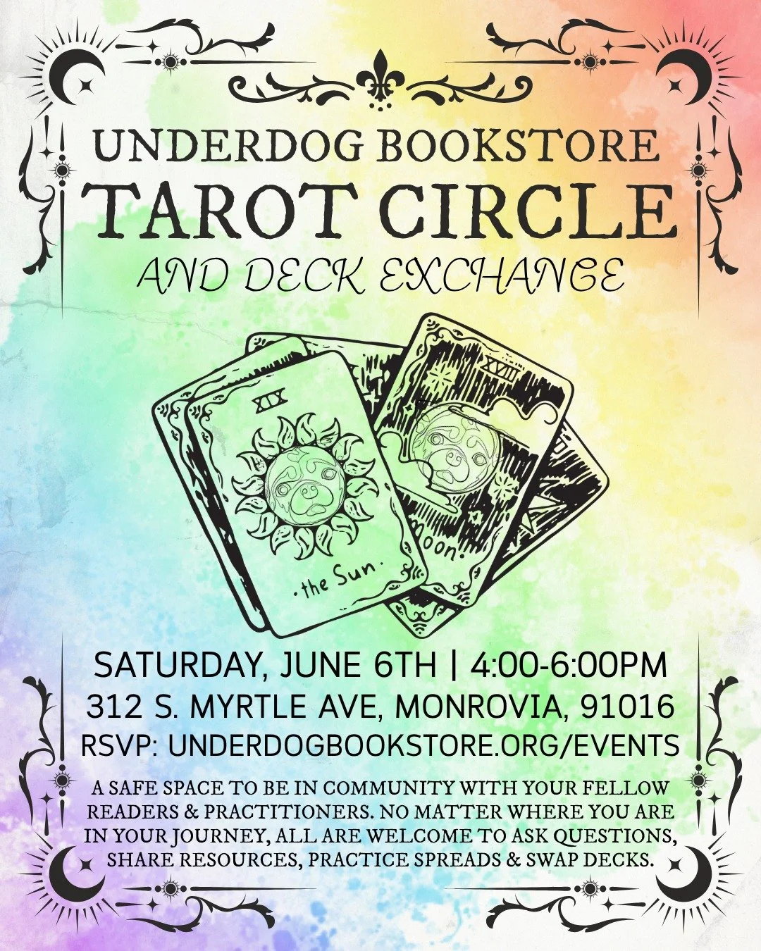 Our Tarot Circle and Deck Exchange continues every first Saturday! 

No matter where you are in your journey, all are welcome to ask questions, share resources, practice spreads and swap decks.

Feel free to bring any gently used tarot/oracle decks o