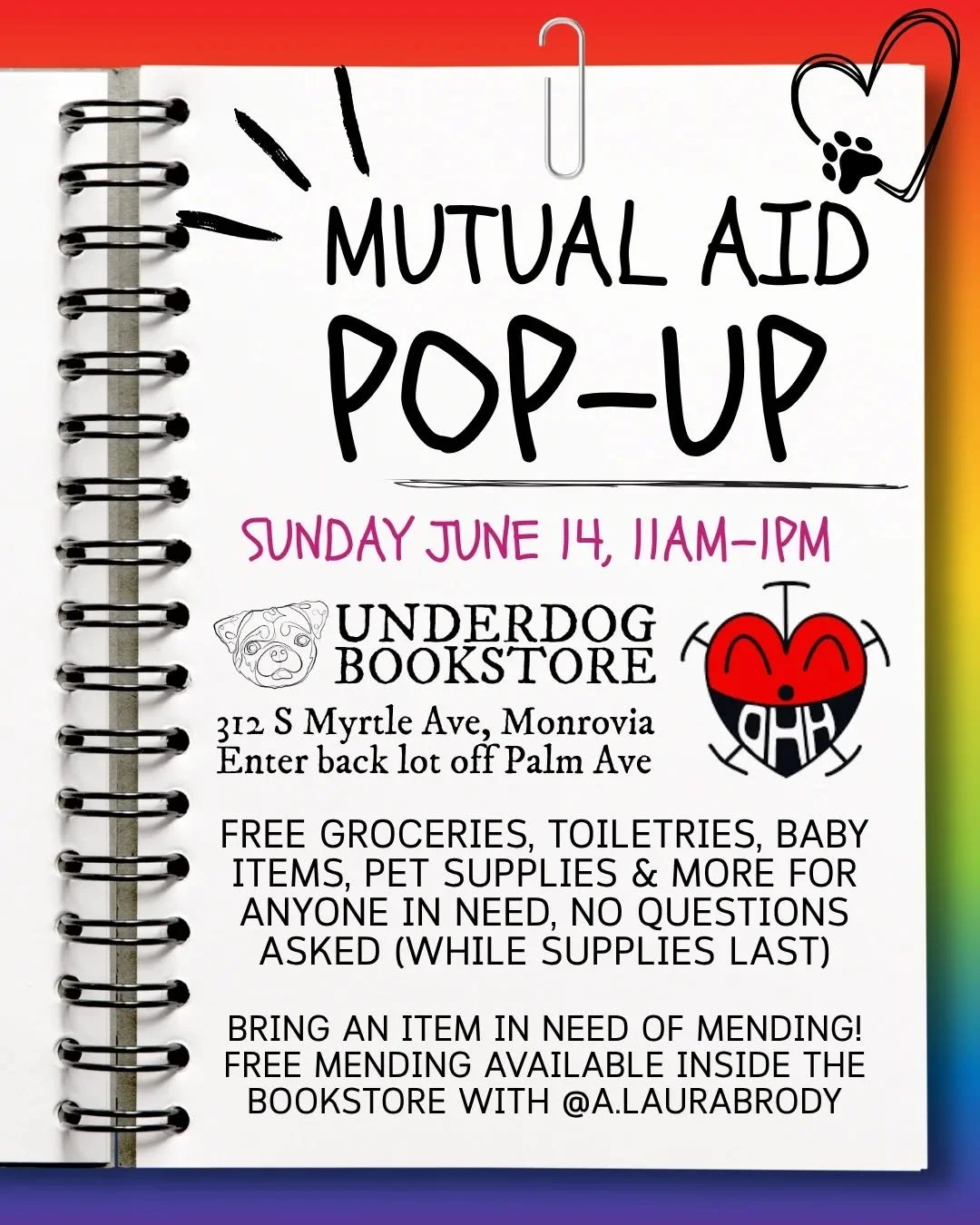 Join us at our Mutual Aid Pop-Up in Monrovia, every second Sunday from 11AM-1PM! 💖

These monthly pop-ups are hosted by @UnderdogBookstore and @OperationHealthyHearts, and made possible thanks to the generous support of our community members.

We of