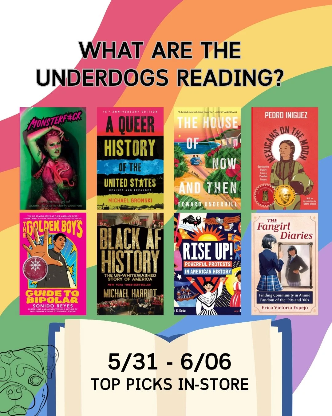 What are the Underdogs reading? Here&rsquo;s your top picks this week from in-store and online at @librofm and @bookshop_org 📚🏳️&zwj;🌈🐶

SLIDE 1: Books bought in-store 

MONSTERF*CK: An Anthology of Queer &amp; Trans Dark Desires edited by Cash T
