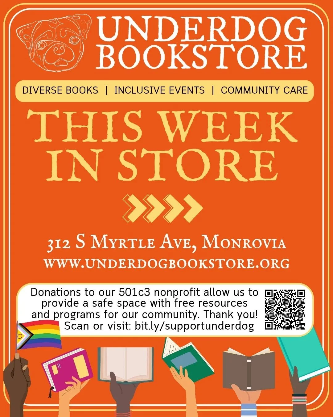 Week two of Pride, let's go Underdogs! 📚🏳️&zwj;🌈🐶

💛 Tuesday: 1PM-7PM
4PM: Pride Crafternoon: Bring your craft supplies and skills to help us prep for the Monrovia Pride Book Festival!

🧡 Wednesday: 1PM-8PM
6:30PM: &ldquo;Love in a F*cked Up Wo