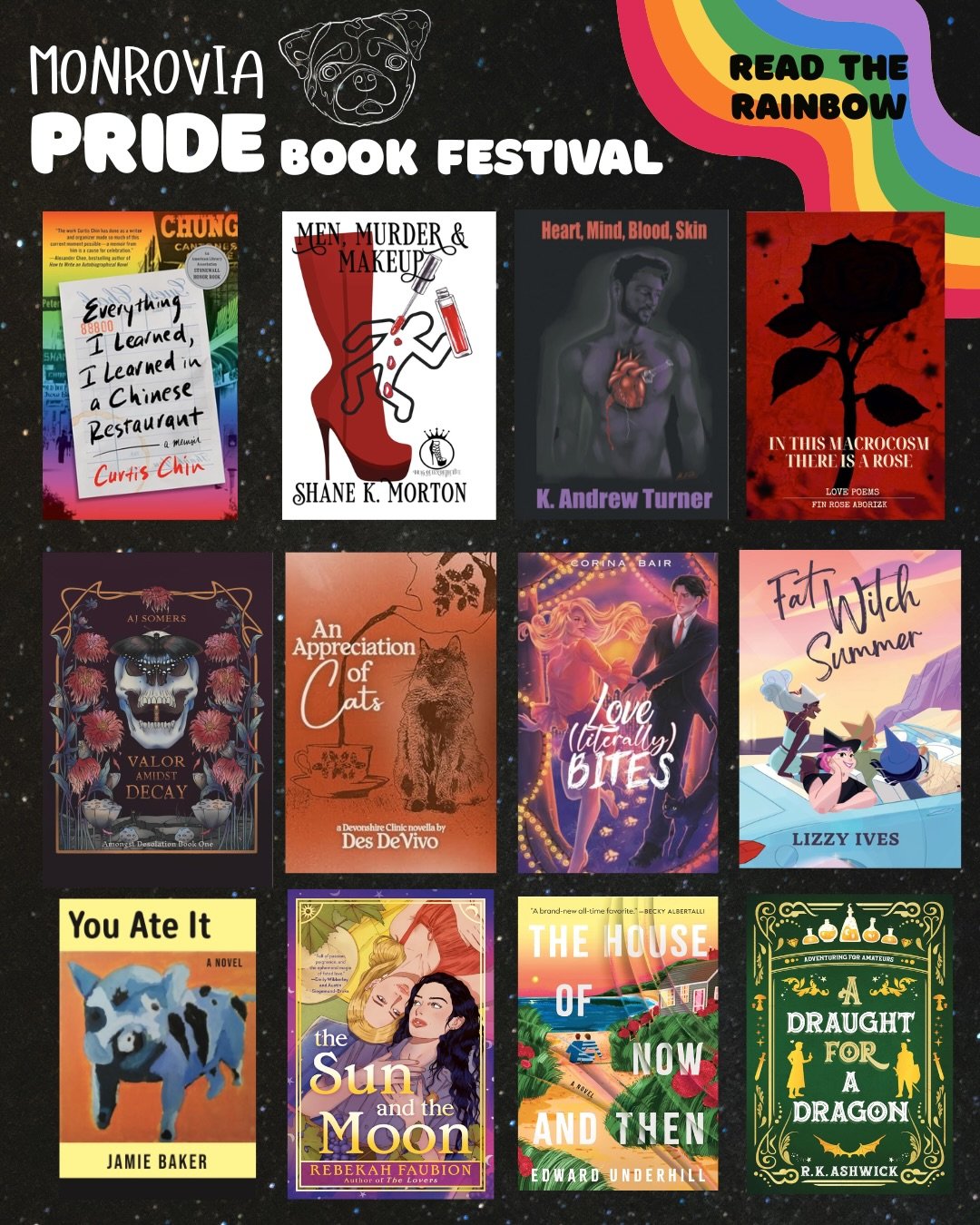 Rainbow book recommendations but make it Monrovia Pride Book Festival attending authors only 😍

Meet these authors and more at Monrovia Library Park on June 20. 

SLIDE 1:

EVERYTHING I LEARNED, I LEARNED IN A CHINESE RESTAURANT @curtischin8

MEN, M
