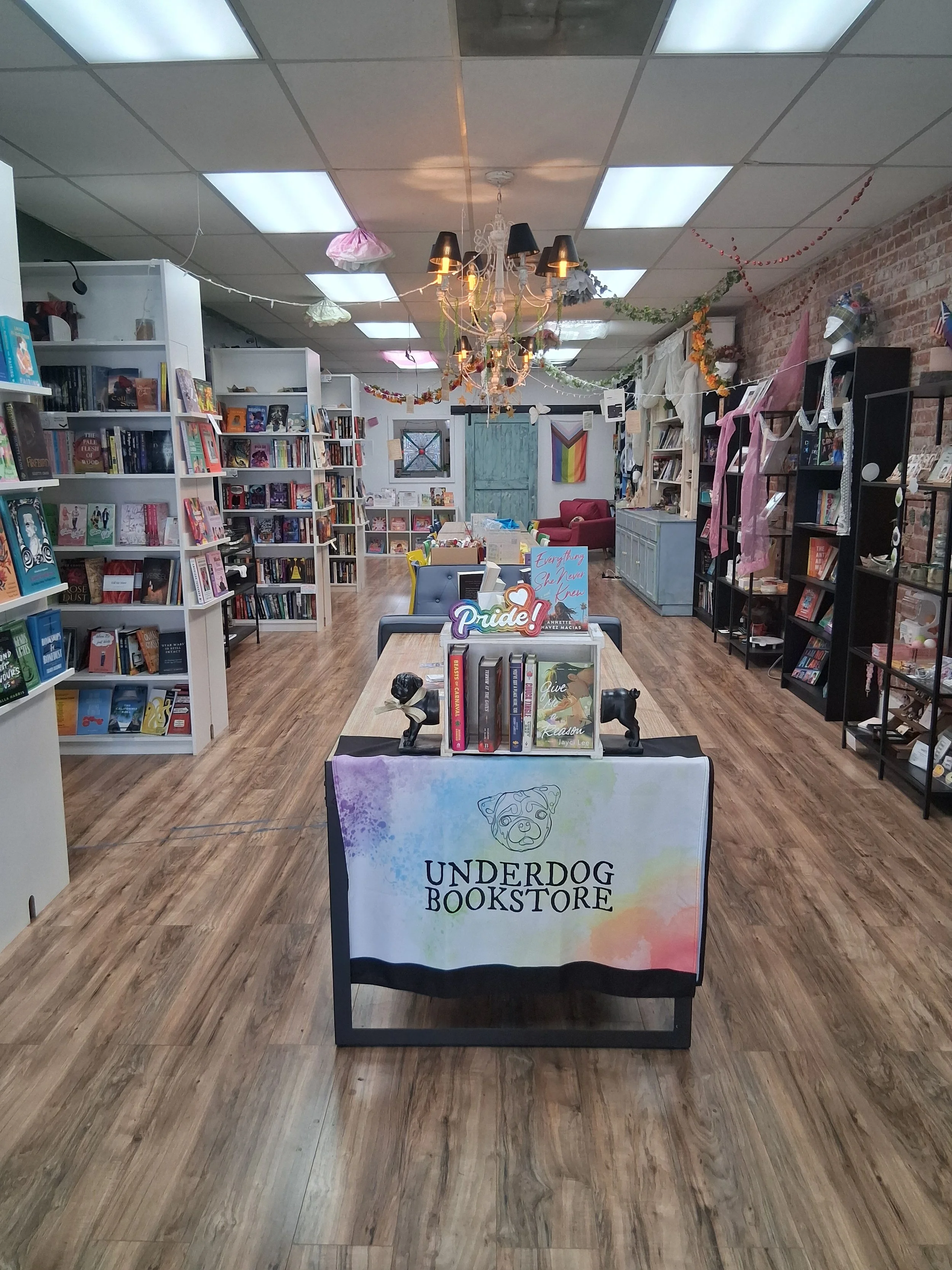 a picture of the inside of the store. It has rows of books on both sides and showcases the twin walkways that can be used to get around