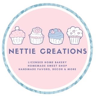 Logo for Nettie Creations. It says the name and has pink, white, and blue cupcakes at the top.