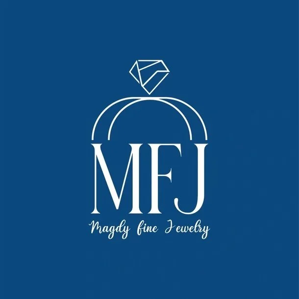 Logo Magdy Fine Jewellery. It's the letters MFJ on a blue background with half of a diamond ring on the top.