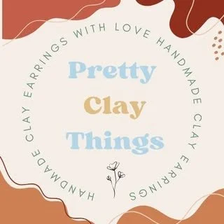 Logo for Pretty Clay Things. It is the name surrounded by text in a circle that says handmade clay earrings with love.