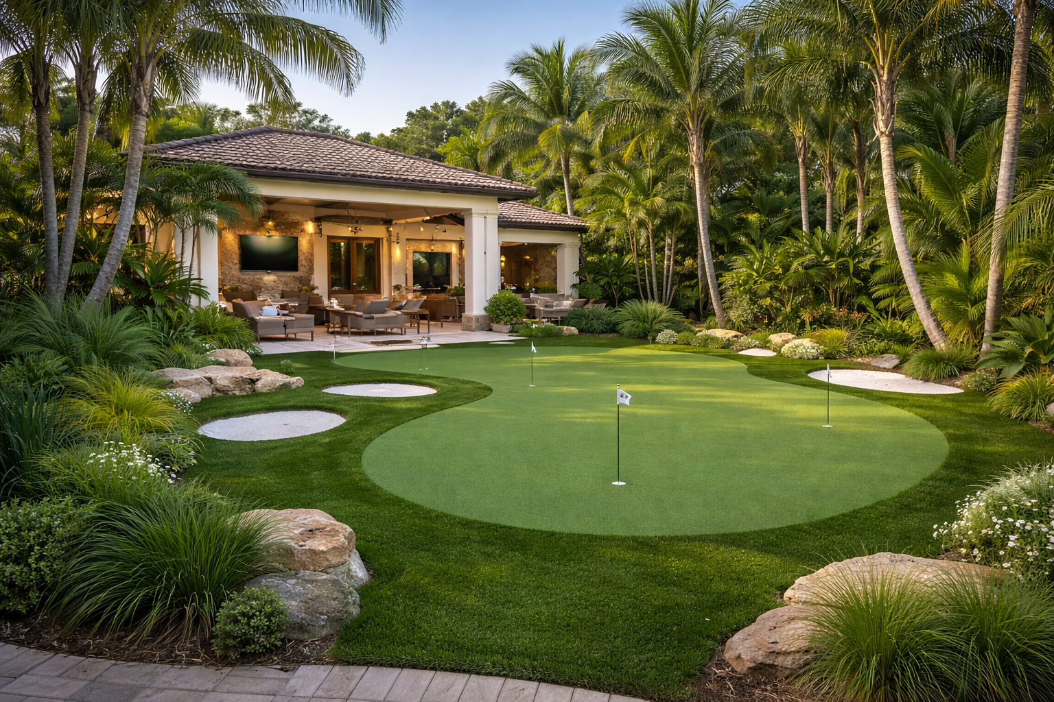 A backyard golf putting green with flags, surrounded by lush tropical plants and palm trees, adjacent to a covered outdoor lounge area with sofas and a large television.
