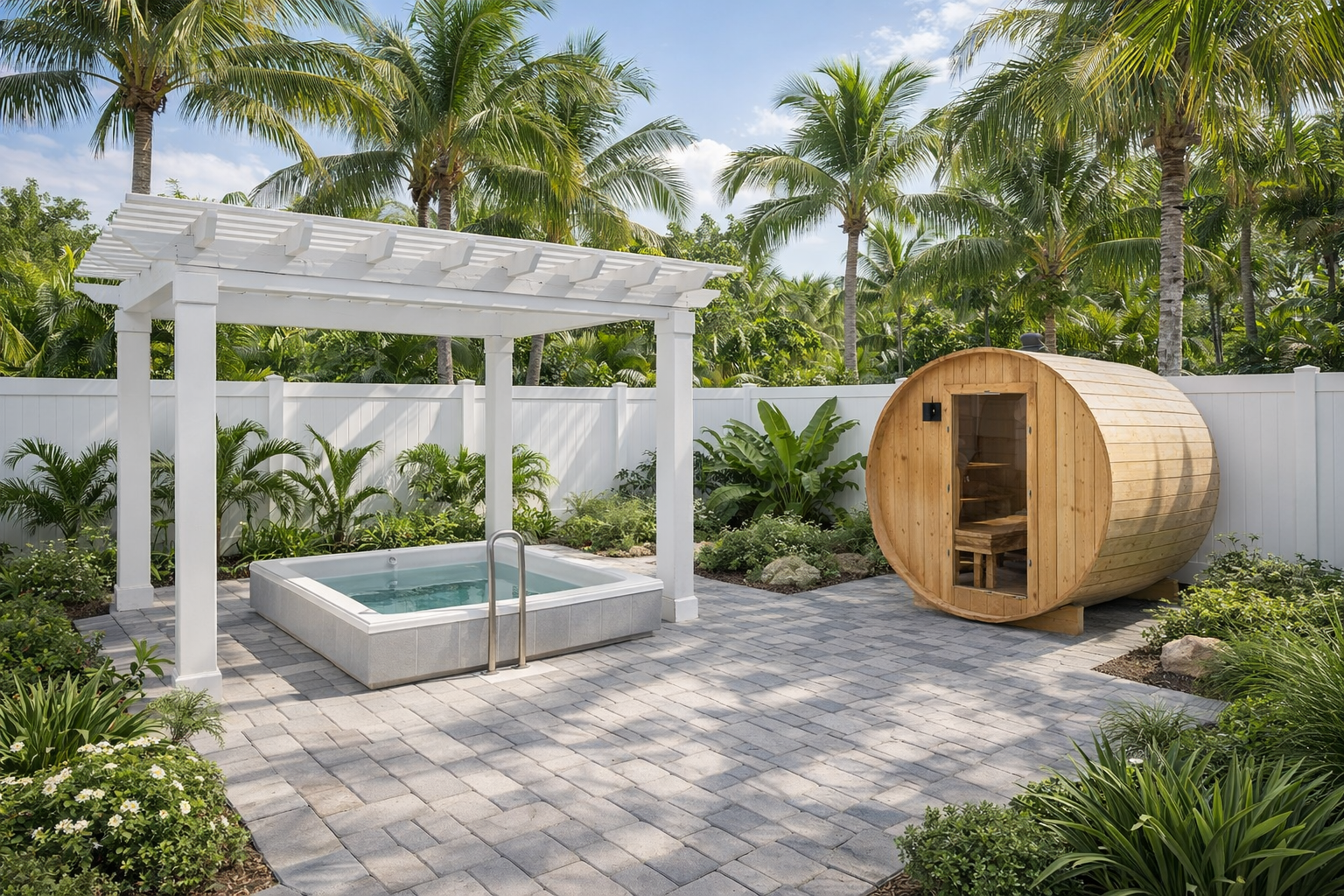 Backyard with hot tub under white wooden pergola and a wooden sauna, surrounded by tropical plants and palm trees on a paved patio.