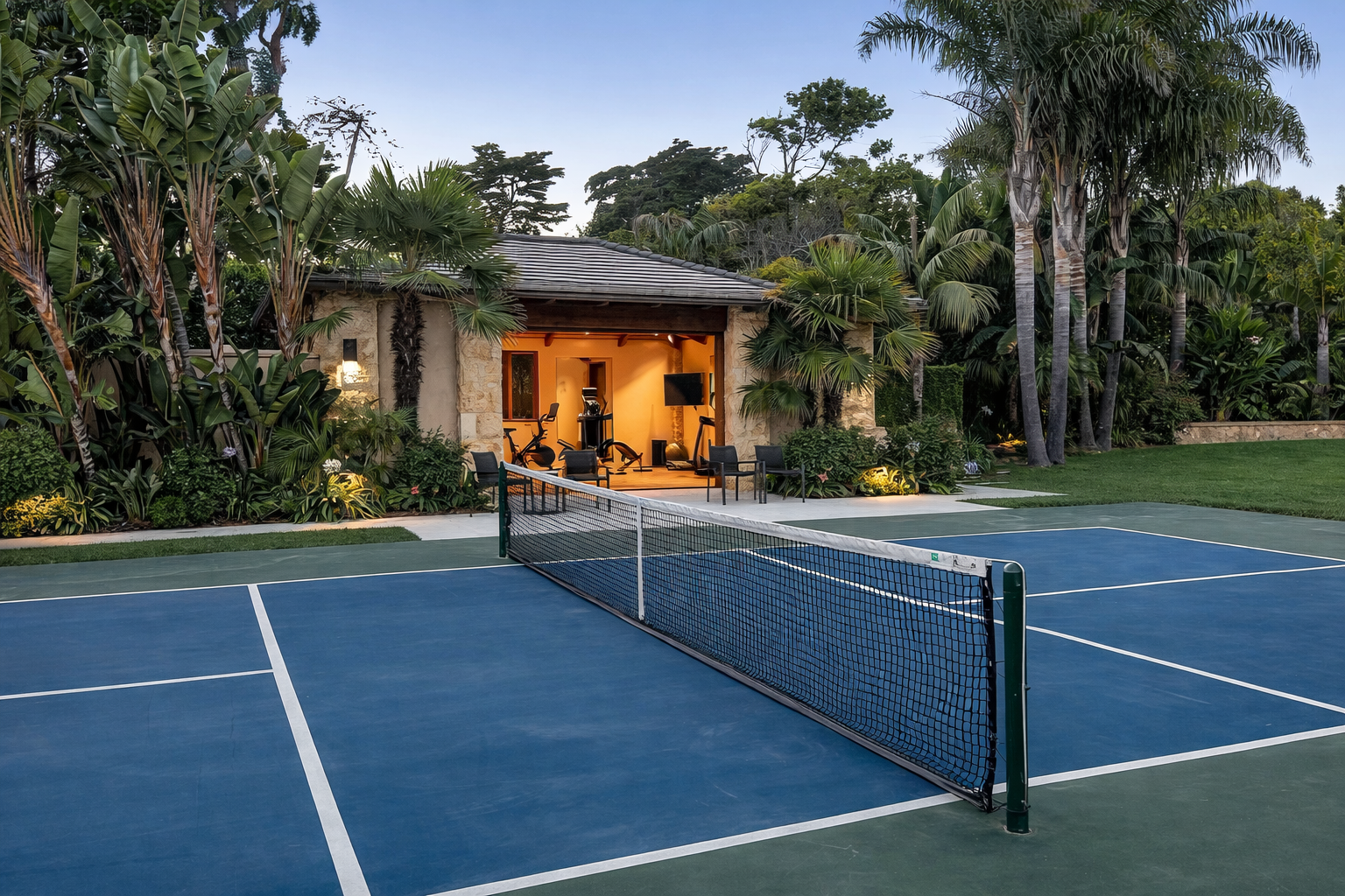 Quiet backyard pickleball court with a net, surrounded by lush greenery and a small building with fitness equipment inside, illuminated at dusk.