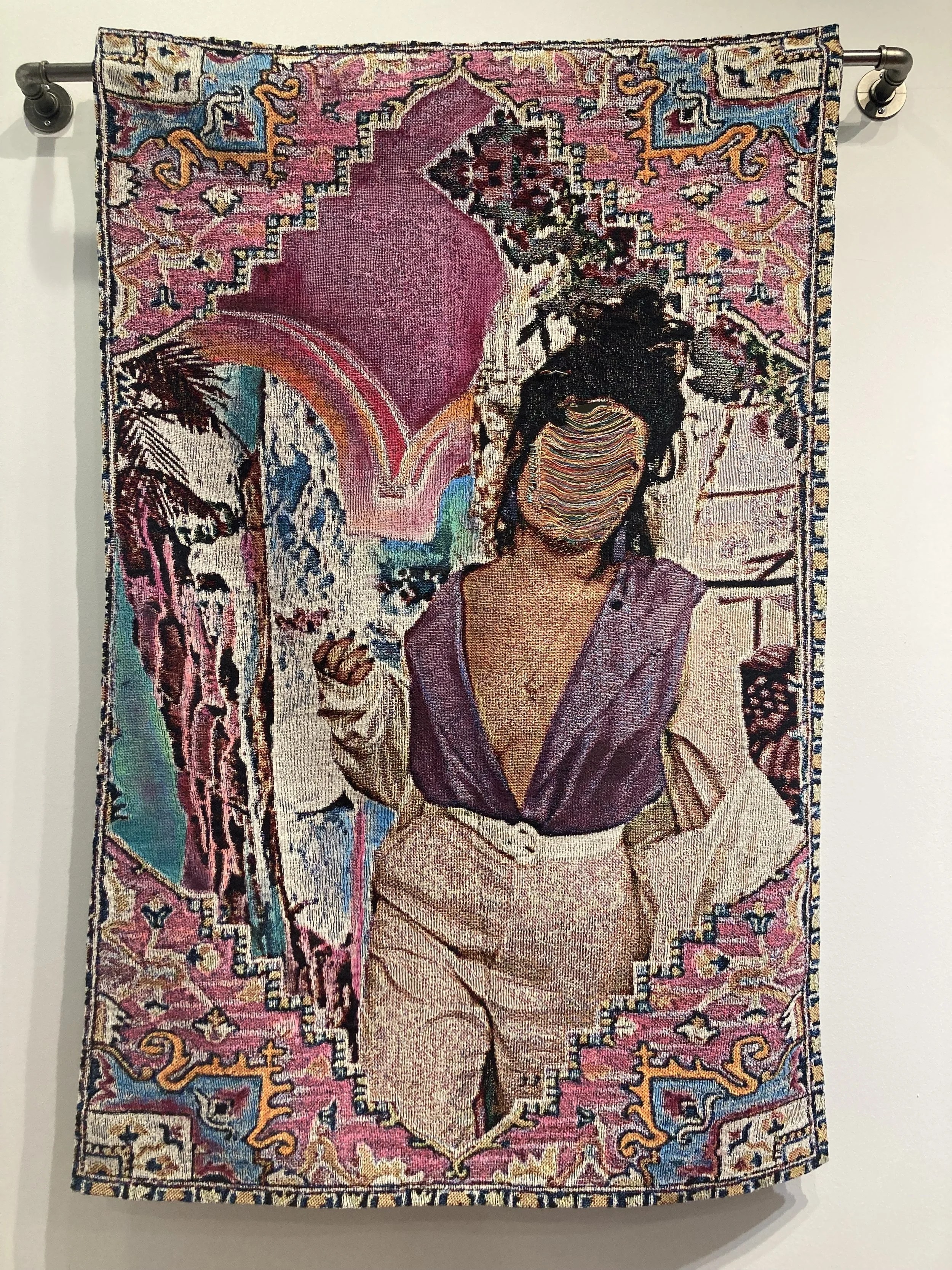 Vita Kari, Hotness Over Heaven (HOH), Digital weaving, Fabric paint, Digital jacquard, Archival Frutiger Metro, Rhinestones, brushed aluminum, 2025.