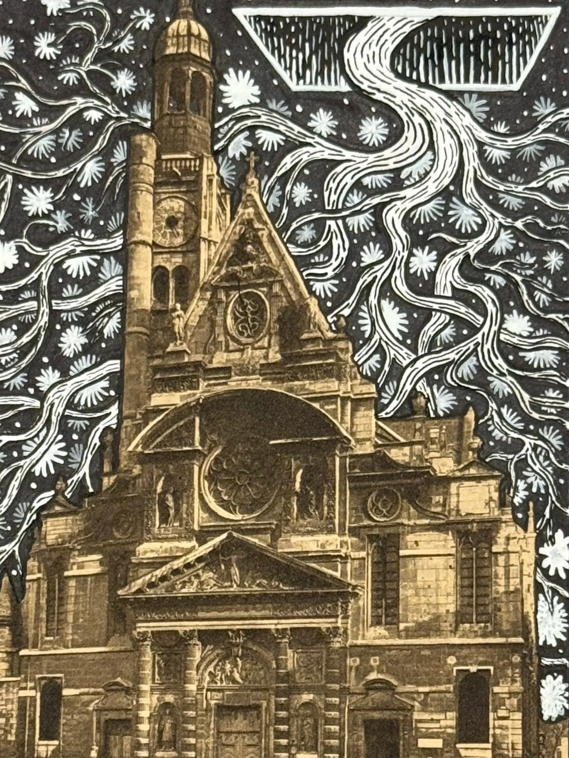 Peter Price, Divine Intervention, 4x6, 2019. Watercolor and gouache on antique postcard