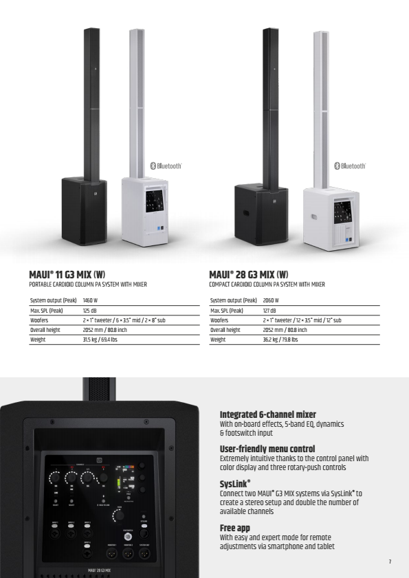 Brochure page displaying two portable cardioid column PA systems, the Maui 11 G3 Mix and Maui 28 G3 Mix, with specifications and features, including integrated six-channel mixer, user-friendly controls, and Bluetooth connectivity.