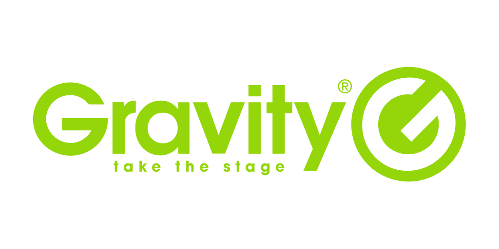 Green logo with the words 'Gravity take the stage' and a circular icon with a checkmark inside.