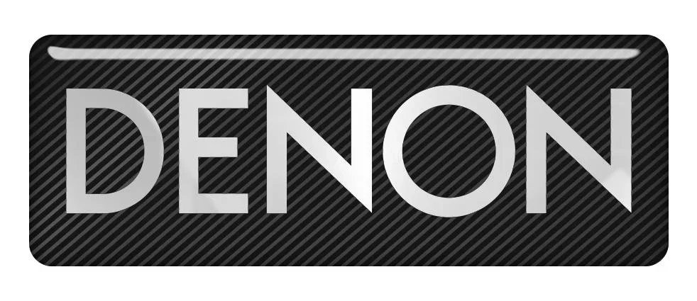 A black rectangular badge with diagonal lines, featuring the word 'DENON' in large white letters.
