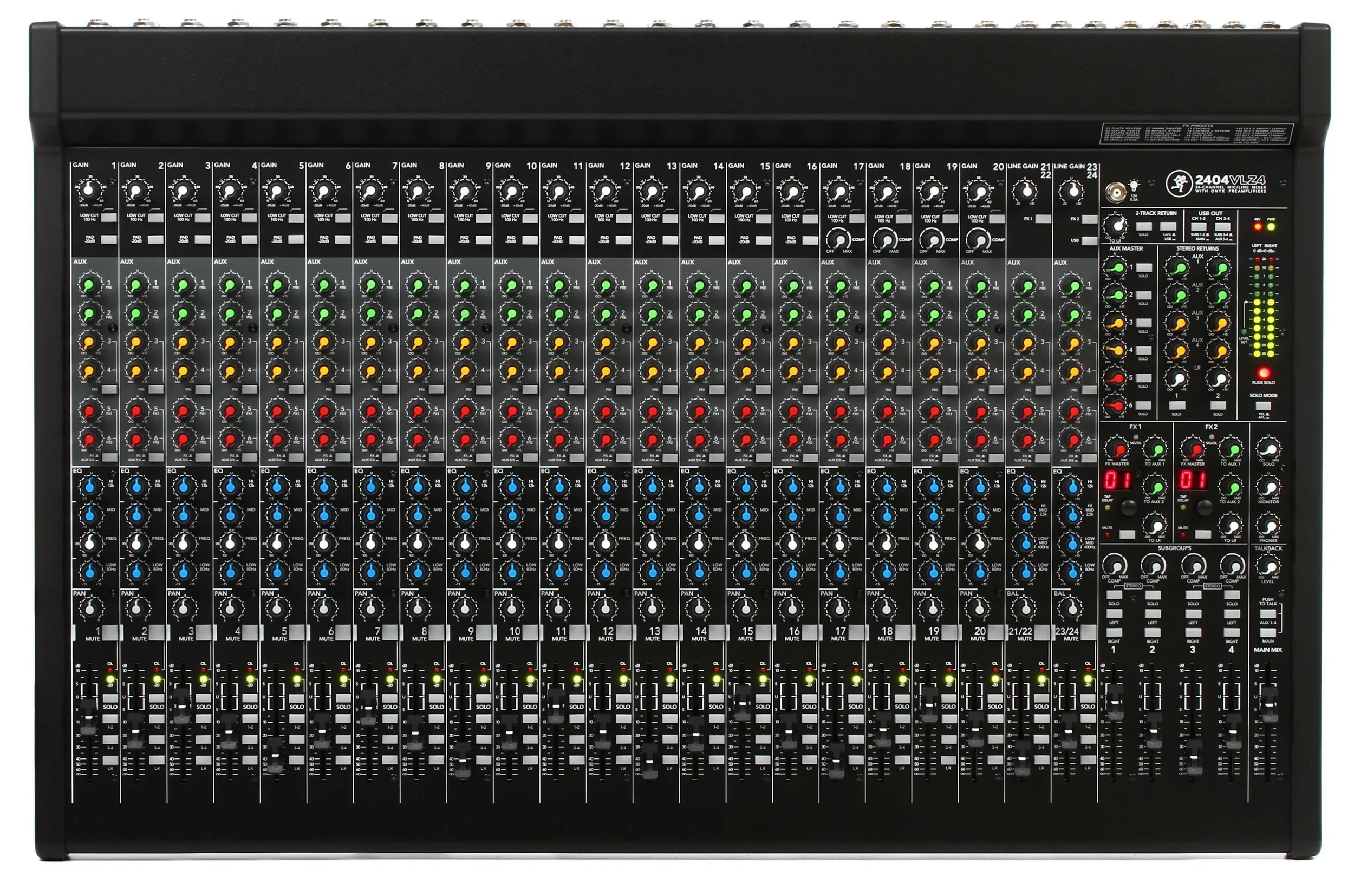 A professional audio mixing console with multiple channels, faders, knobs, and LED indicators.