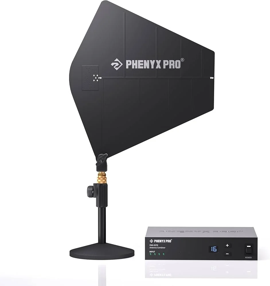 A Phenyx Pro antenna system with an antenna on a stand and a signal amplifier box.