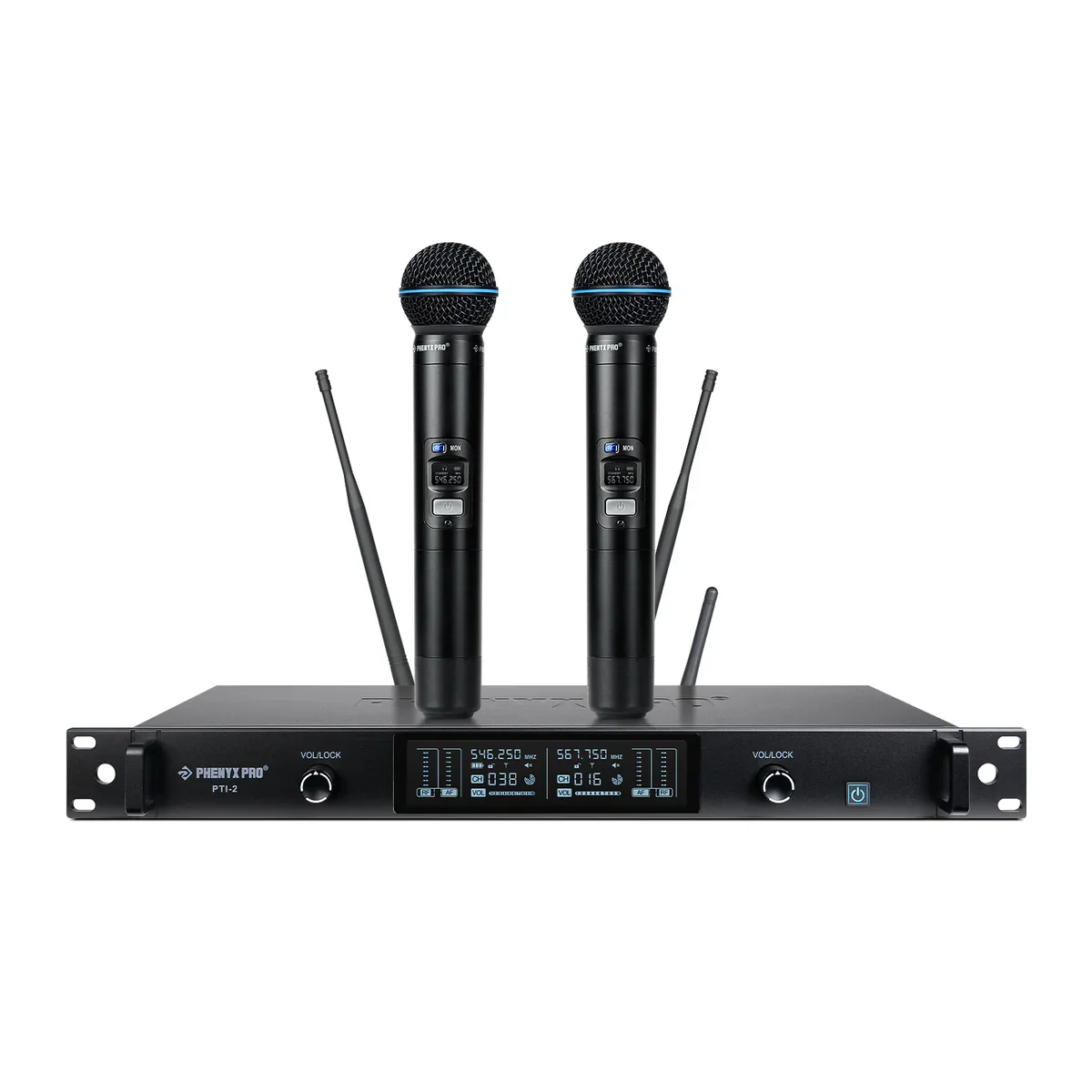 Digital wireless microphone system with two handheld microphones and a receiver unit.