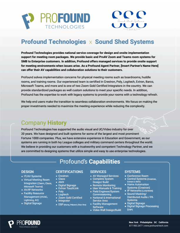 A detailed business brochure for Profound Technologies and Sound Shed Systems, highlighting company history, capabilities, and services in audio-visual systems, video, and conference room technology.