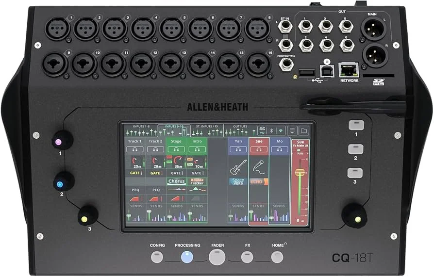 A digital sound mixer with multiple input channels, a colorful touchscreen display, various control knobs, and ports for audio connections.