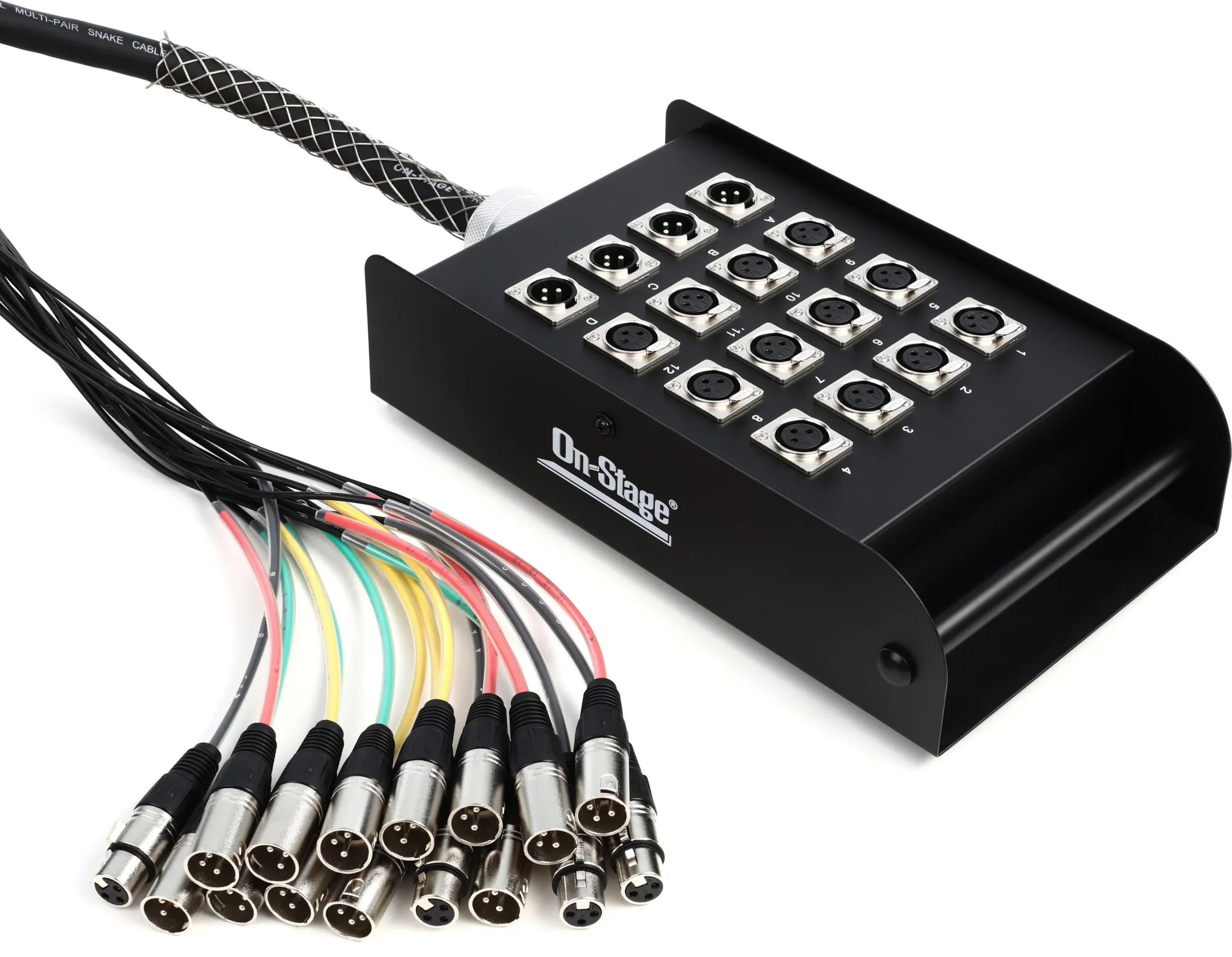 Audio interface with multiple input channels and various cables connected, branded On-Stage.