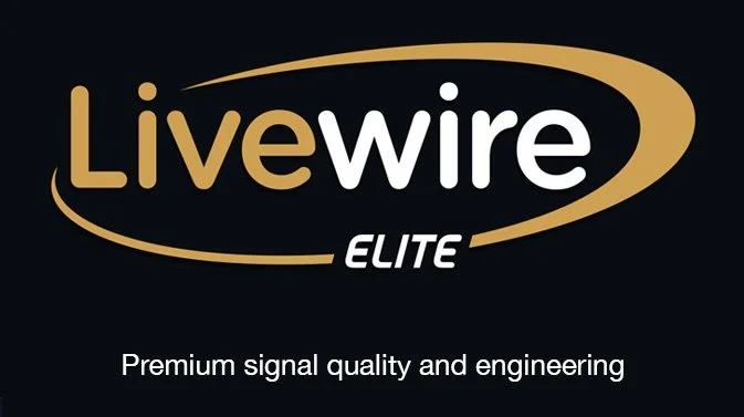 Logo for Livewire Elite with the tagline 'Premium signal quality and engineering' on a black background.