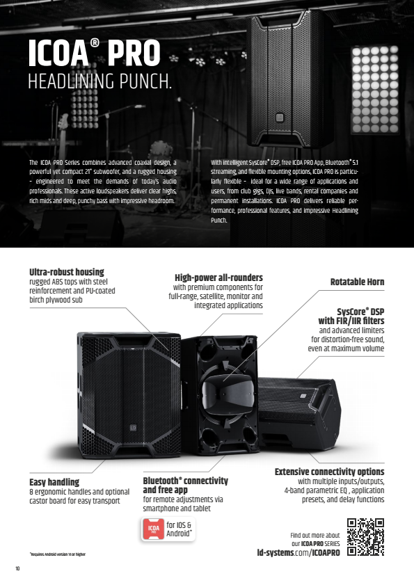 Brochure page showcasing the ICOA PRO Series PA loudspeakers with features including rugged housing, high-power components, rotatable horn, Bluetooth connectivity, and extensive connectivity options, set against a stage background.