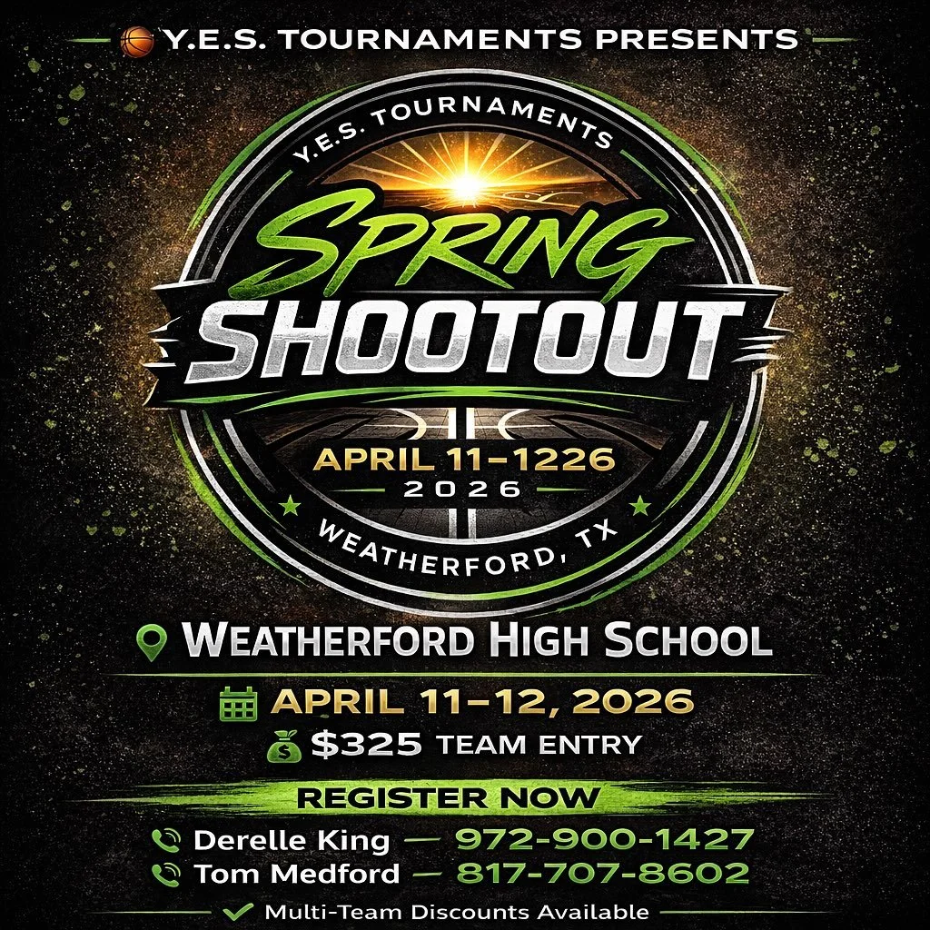 The Y.E.S. Spring Shootout is coming to Weatherford. 
🏀 Competitive divisions
🏀 Coach-friendly scheduling
🏀 Great facilities
📍 Weatherford High School
📅 April 11&ndash;12
💰 $325 Entry
Programs from across the DFW Metroplex are already locking i