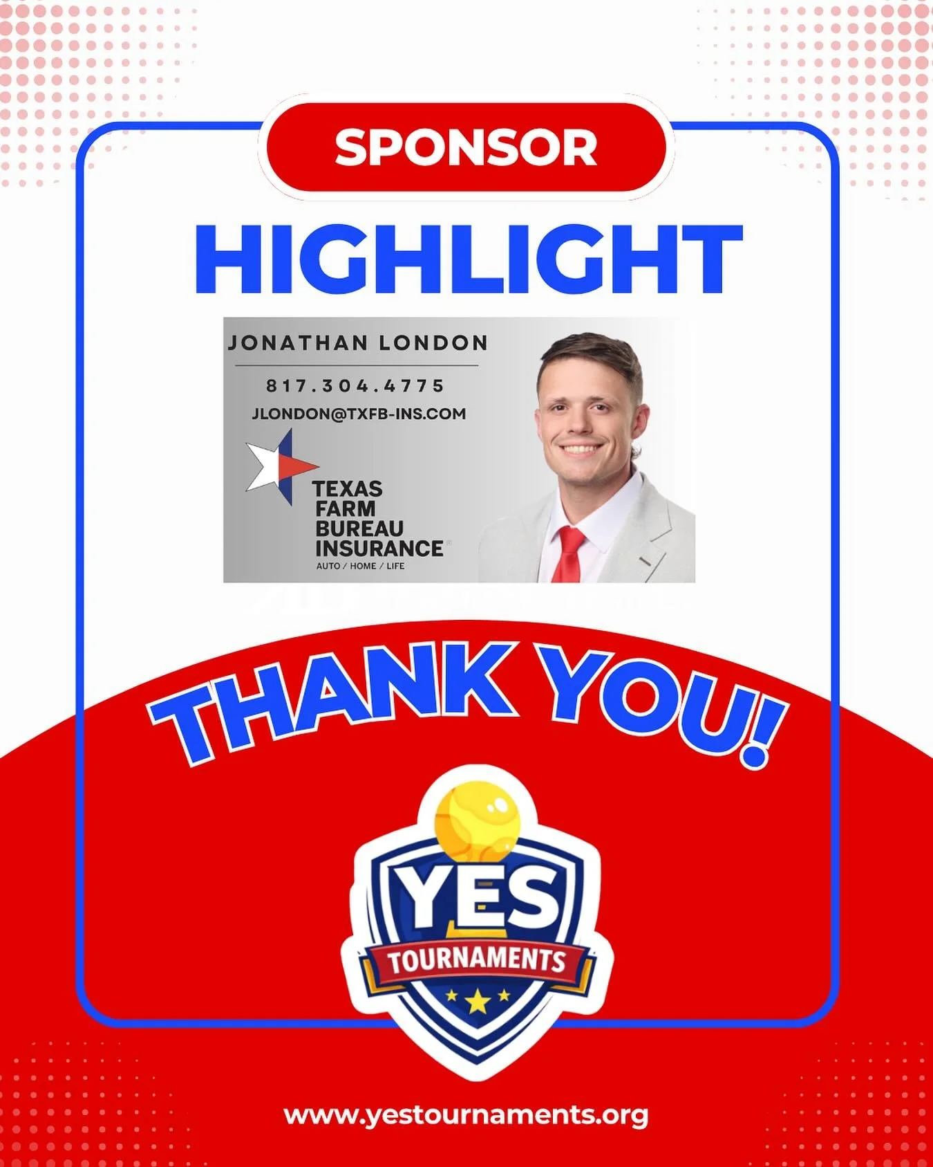 💙❤️ **SPONSOR SPOTLIGHT** ❤️💙

A huge THANK YOU to Jonathan London and Texas Farm Bureau Insurance for supporting Youth Experiencing Success and helping us continue our mission of providing opportunities for young athletes to compete, grow, and suc