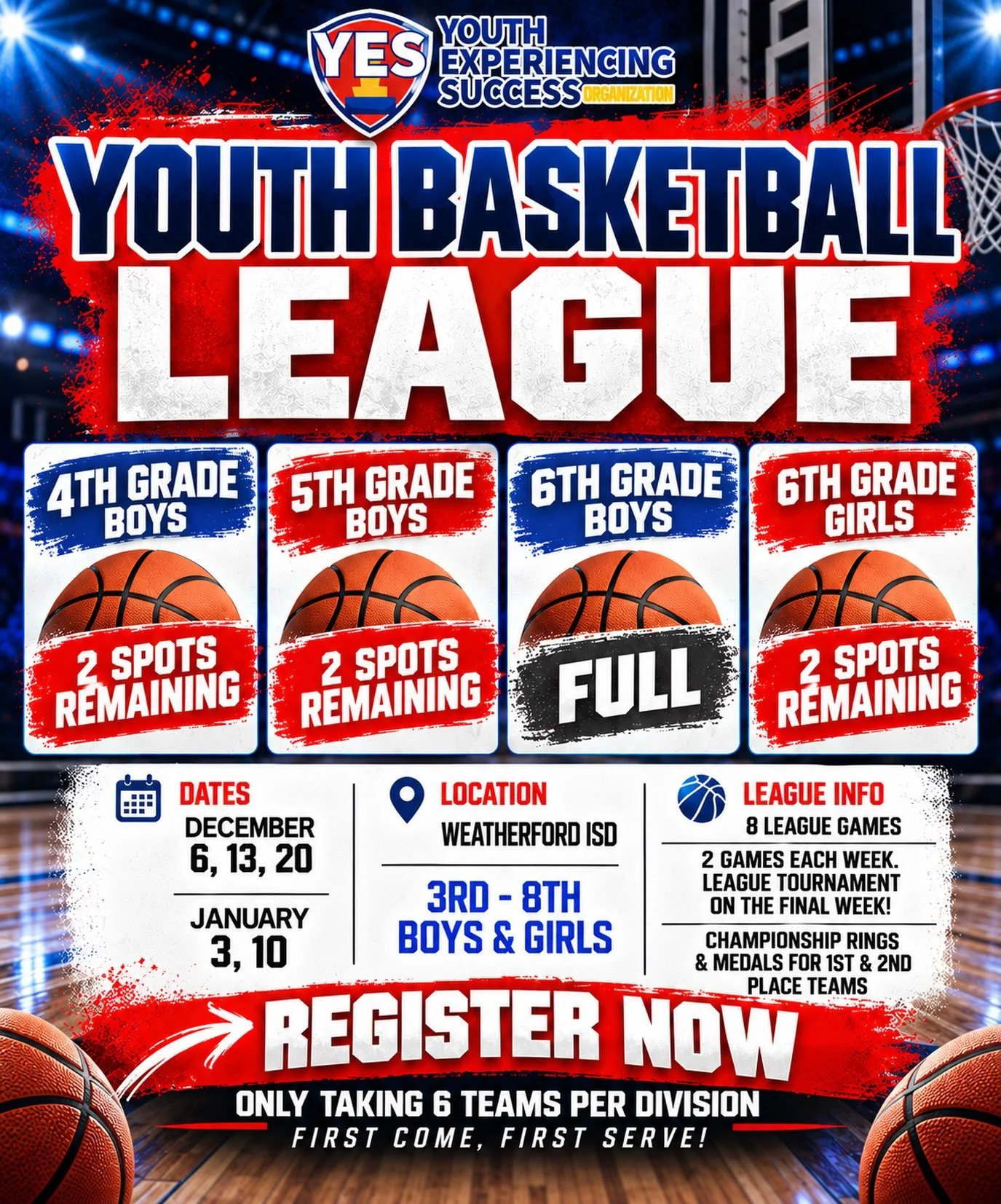 🏀🔥 YBL 26-27‼️

We&rsquo;re excited about the response to our upcoming Youth Basketball League! With only a few openings remaining, now is the time to get your team locked in!

🔥 Great competition
🏀 Competitive basketball
💪 An opportunity to com
