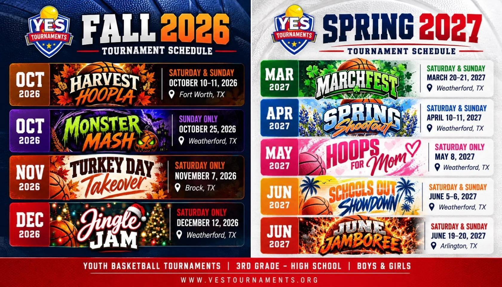 🏀 YES TOURNAMENTS! 🔥
Our Fall 2026 &amp; Spring 2027 tournament schedules are HERE! Get your teams ready for great competition, exciting matchups, and unforgettable weekends on the court!

📅 Mark your calendars &amp; secure your spots early!
🏀 Bo