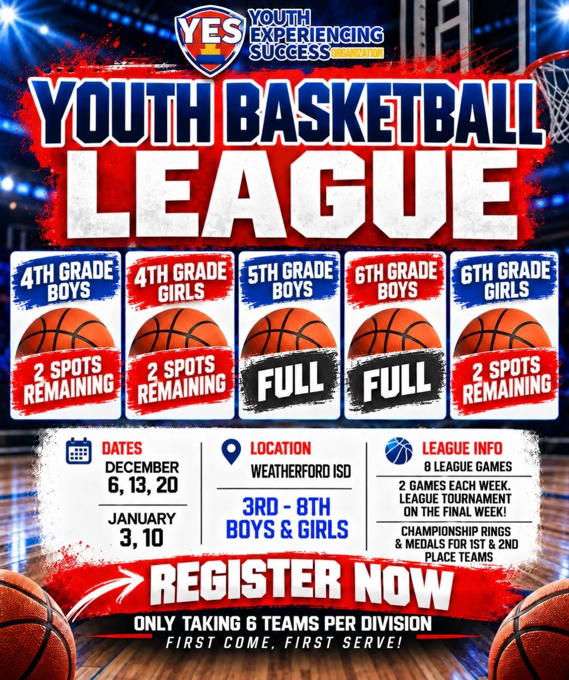 YBL has a few open spots, get signed up before it&rsquo;s too late! #youthbasketballleague #YBL #YesTournaments