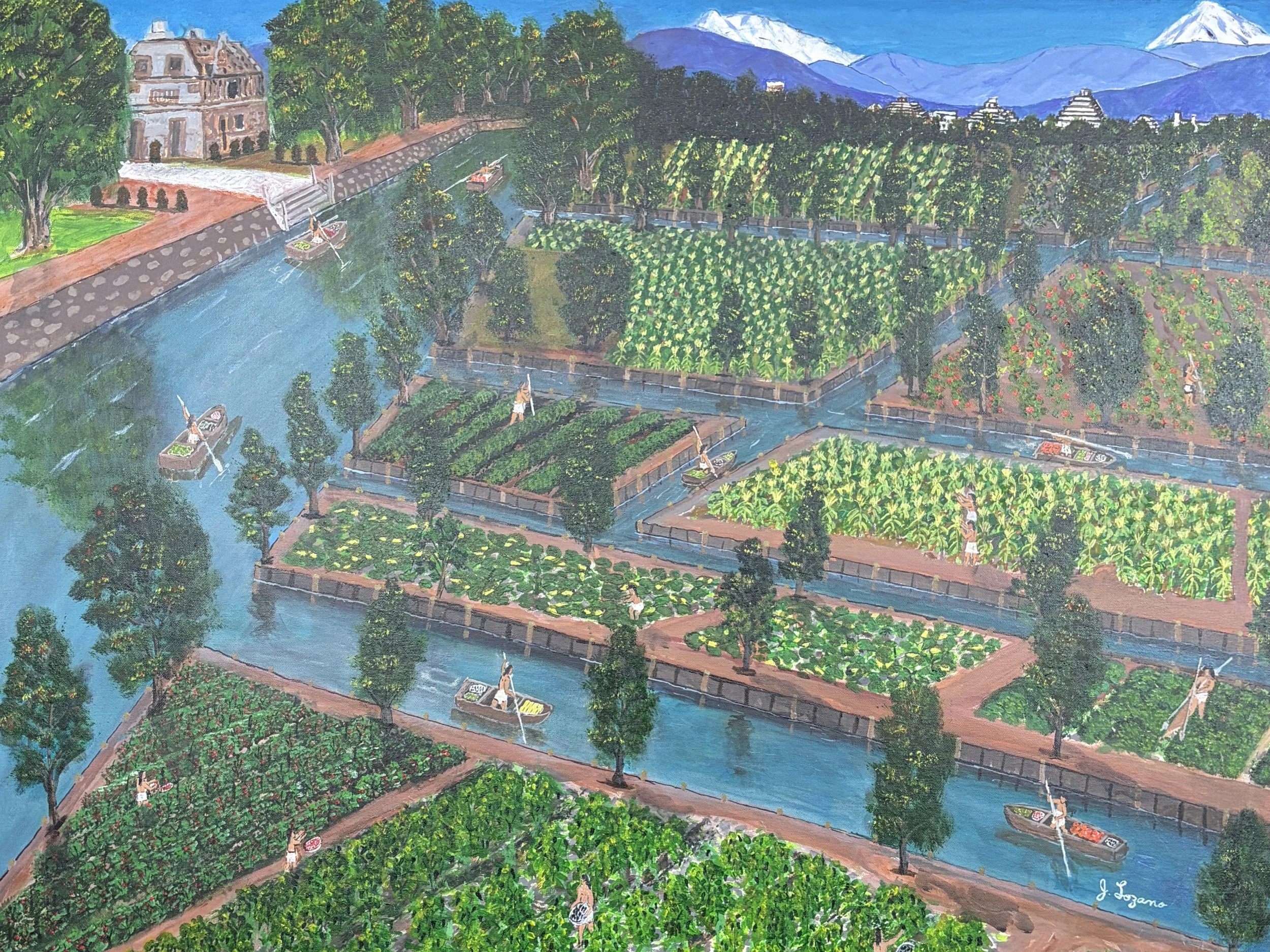 Chinampas in Bloom,  
A Tapestry of Mexica Agriculture: This work examines the chinampa system that transformed the shallow waters of Lake Texcoco into highly productive agricultural land. Lozano highlights the Mexica mastery of hydraulic engineering