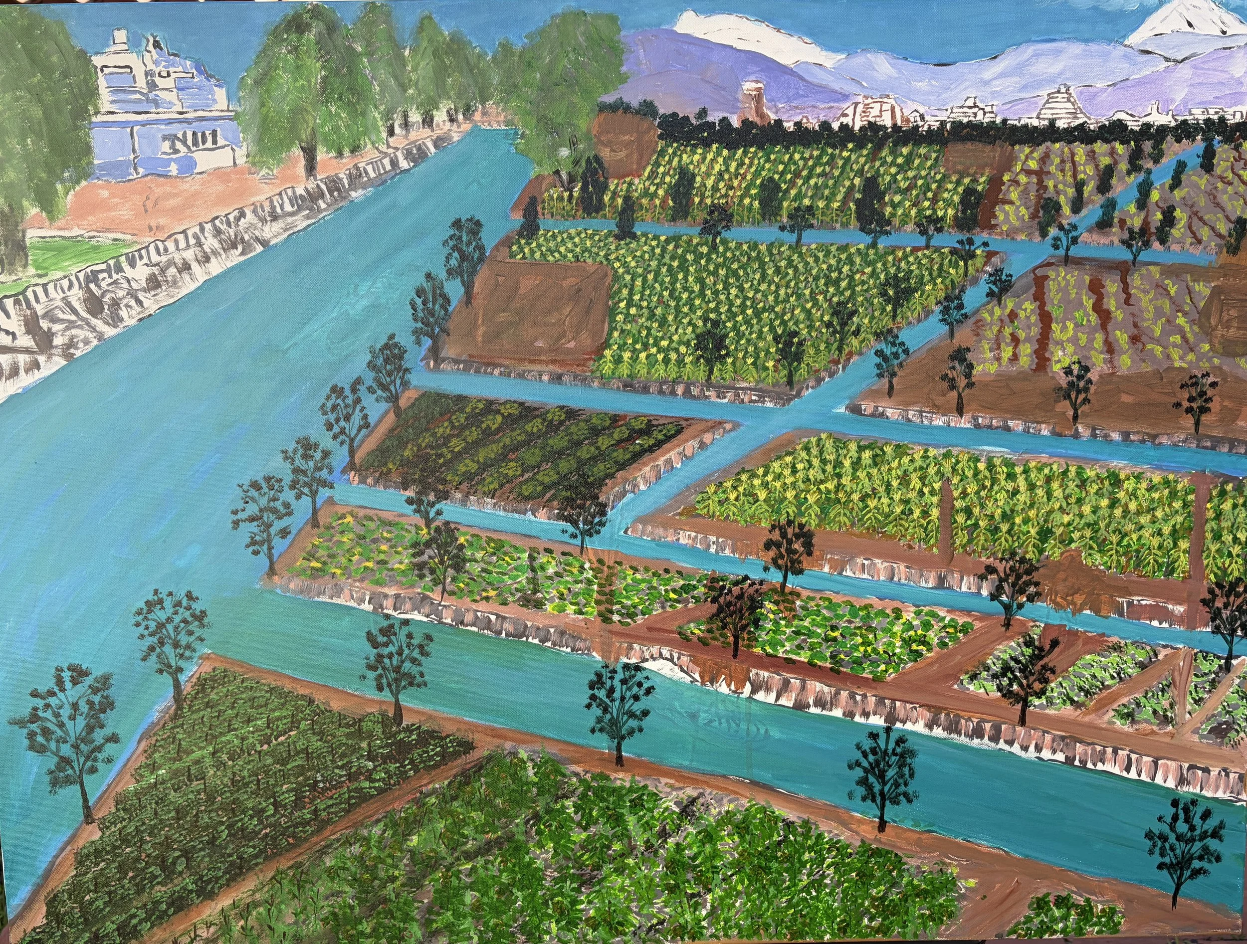 Chinampas in Bloom,  
A Tapestry of Mexica Agriculture: A mosaic of chinampas stretches across the water, each plot alive with varied crops, trees, and the quiet rhythm of cultivation.
Together they form a living tapestry of inventions, where the Mex