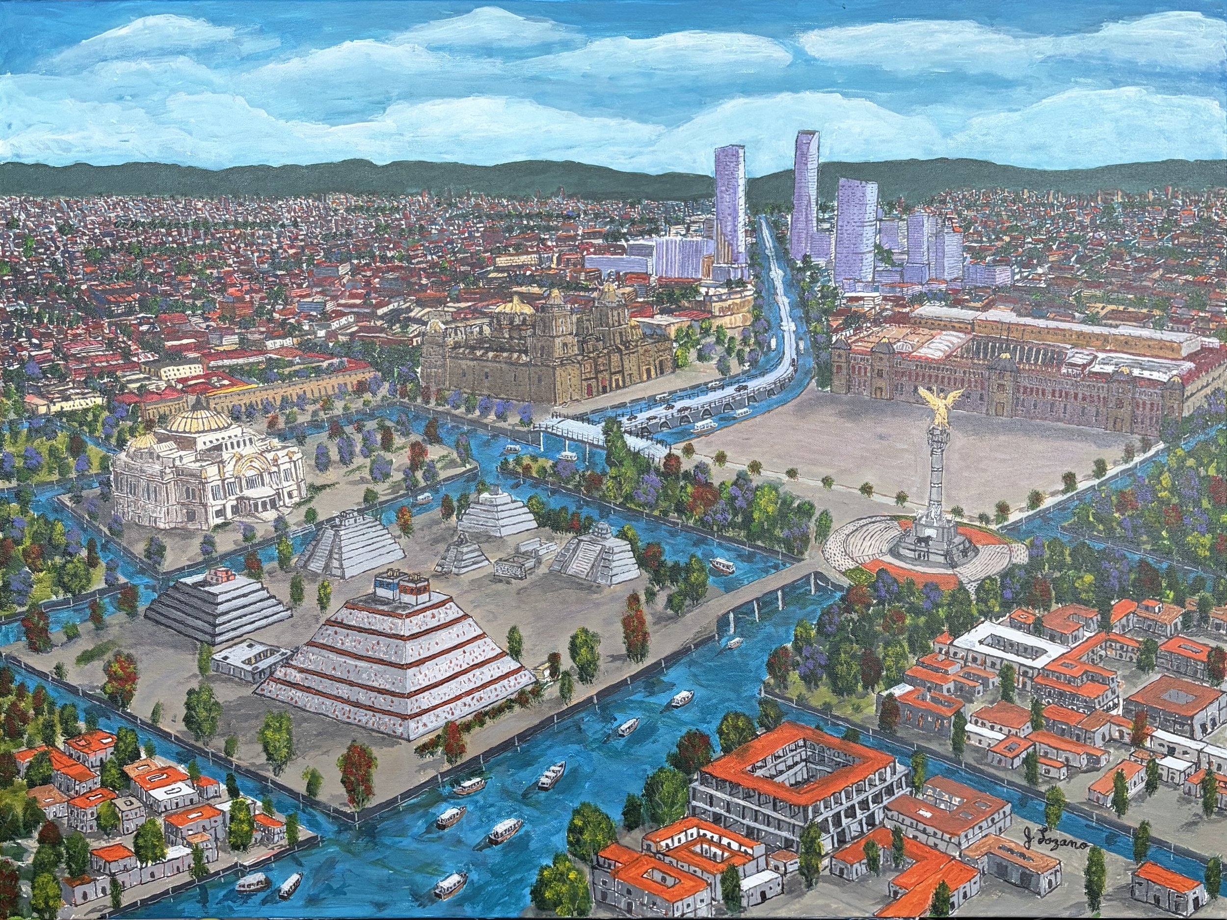 Tenochtitlan Reimagined: Ancient Tenochtitlan merges with modern Mexico City—Zócalo, Ángel de la Independencia, Bellas Artes, and the Cathedral—revealing the enduring spirit of the Mexica capital beneath the contemporary metropolis.