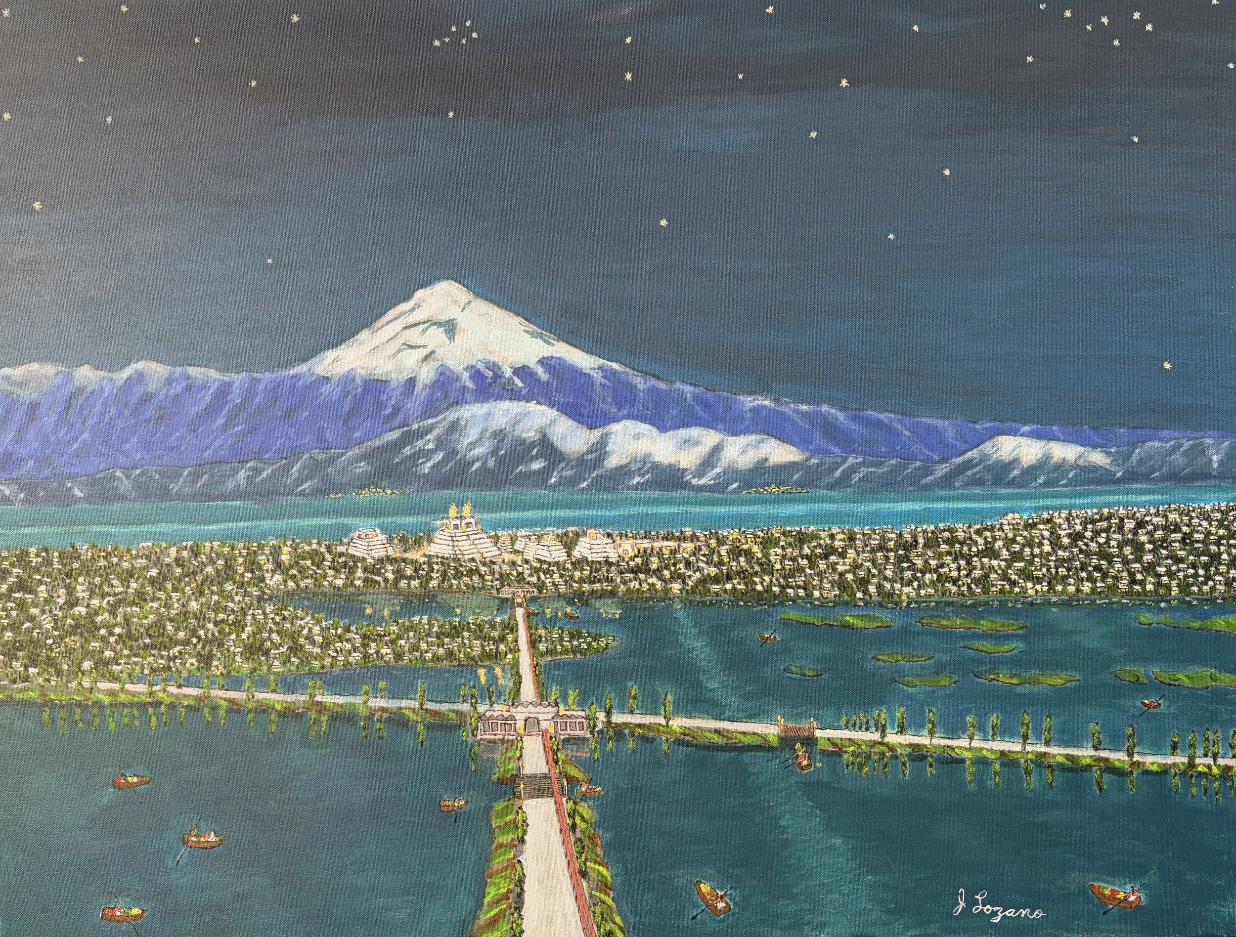 Nightfall Over Tenochtitlán, The New Fire: Under a sky of stars, the aqueducts guide moonlit waters toward Tenochtitlan, 
the city glowing with sacred renewal.
In the distance, the New Fire rises, casting its first light across temples, canals, and t