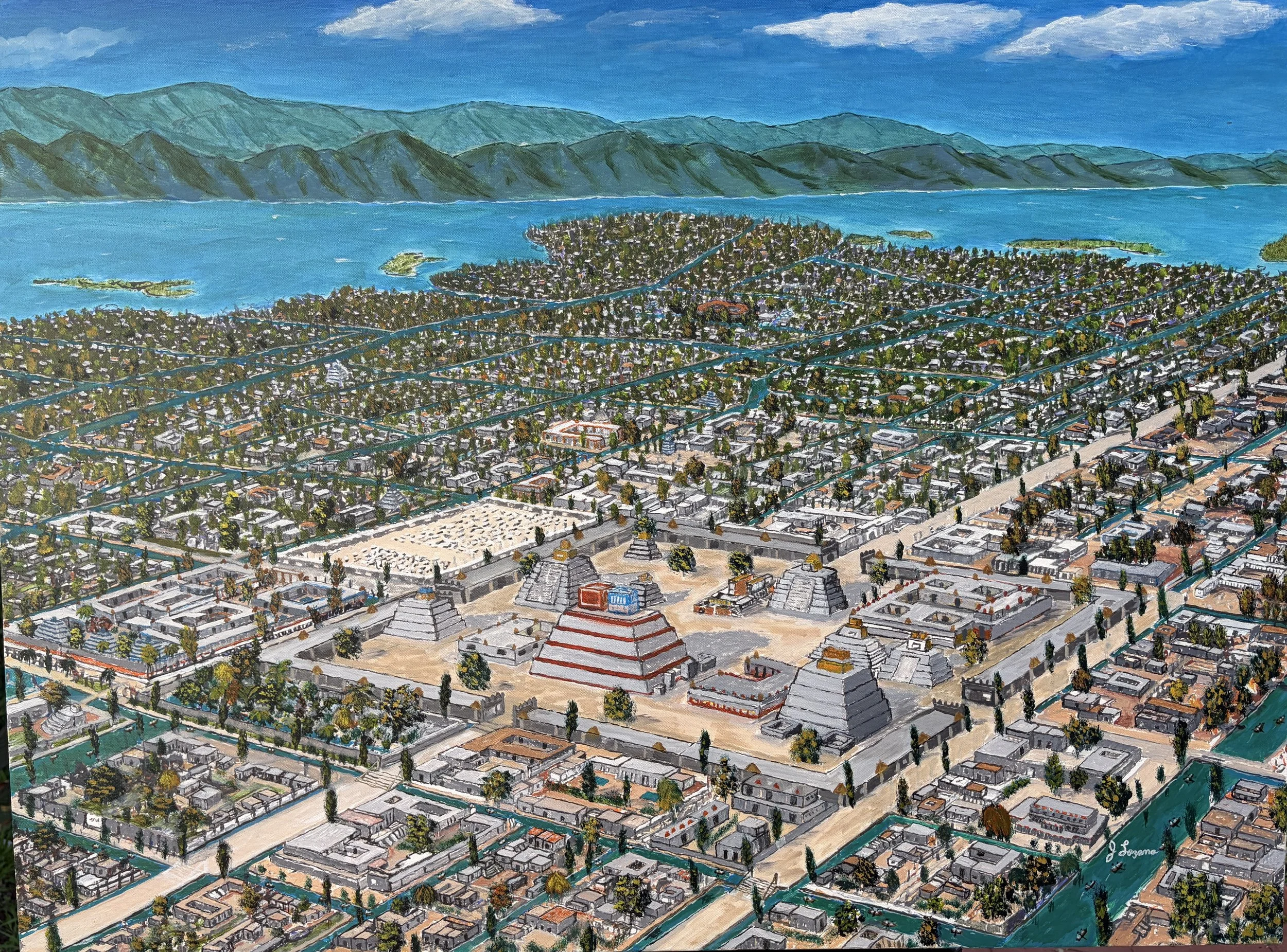 Rear View of the Mexica Capital, A City of Vision and Innovation: From this posterior view, the empire reveals its brilliance — gardens in perfect geometry, aqueducts sweeping across the water, and architecture conceived centuries before its time.
He